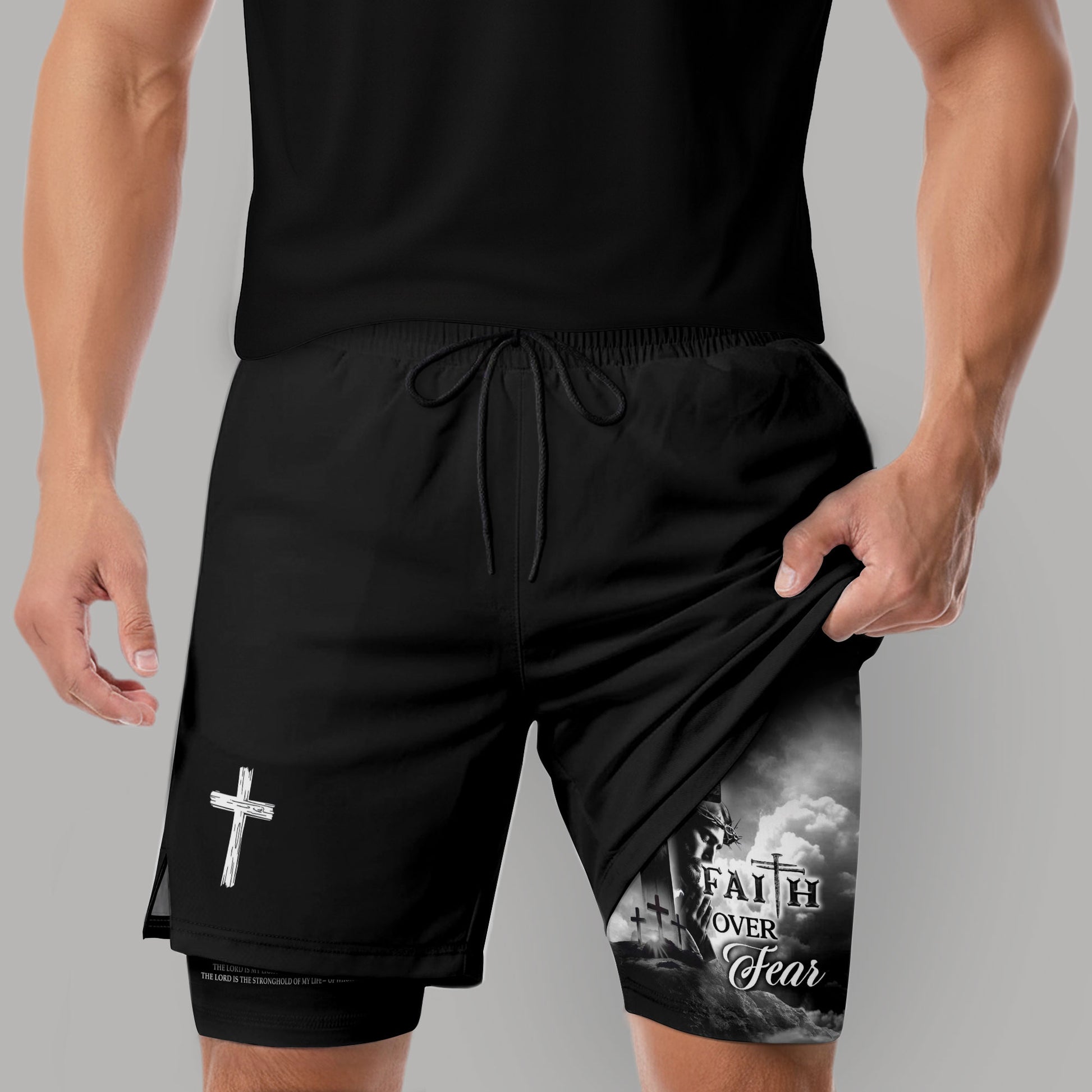 Faith Over Fear Christian Gym Shorts for Men Psalm 27:1 Cross of Jesus - Rust Field Wear