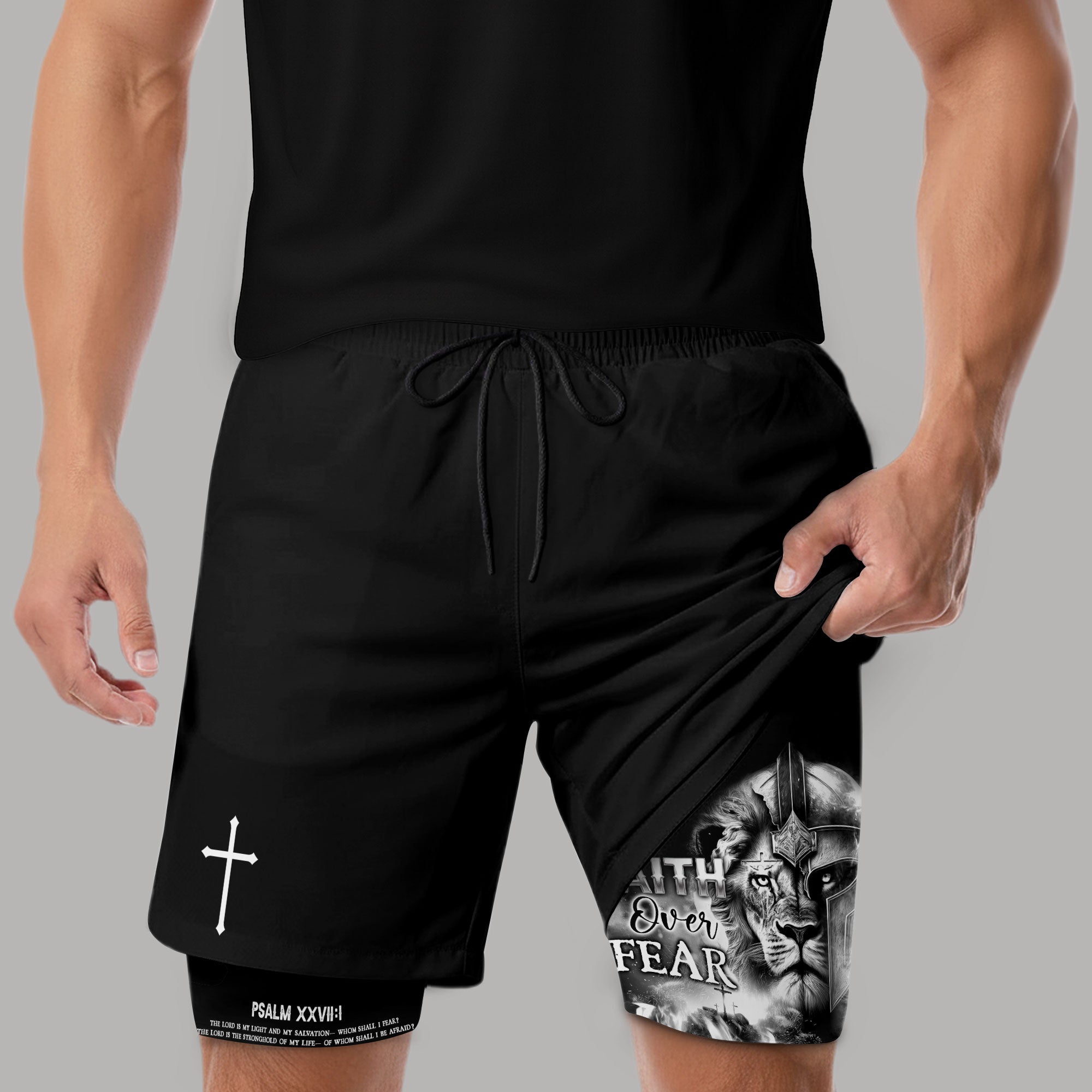 Psalm 27 1 Faith Over Fear Christian Gym Shorts for Men Warrior Cross Design