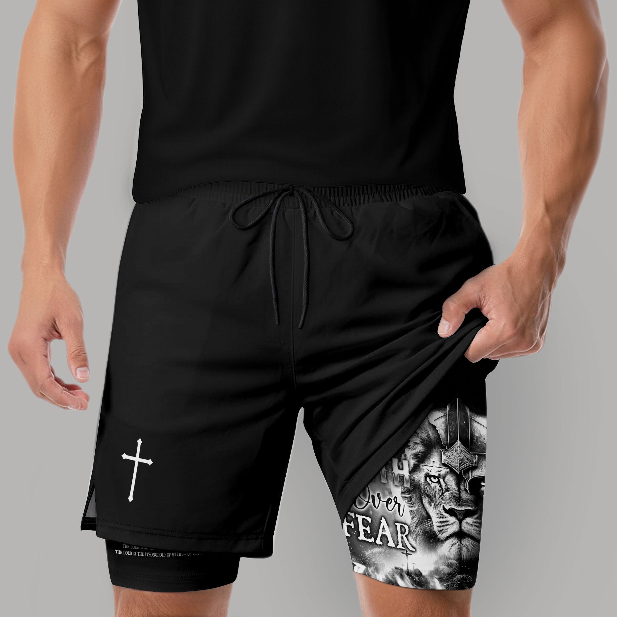 Psalm 27:1 Faith Over Fear Christian Gym Shorts for Men Warrior Cross Design - Rust Field Wear