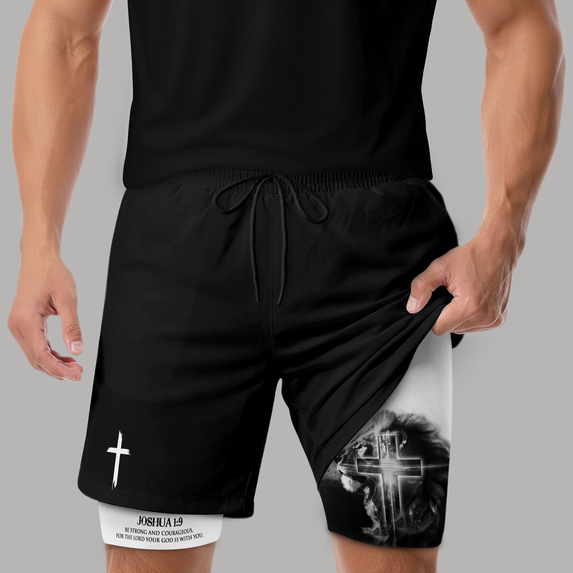 Joshua 1 9 Christian Gym Shorts for Men Lion Cross Bible Verse