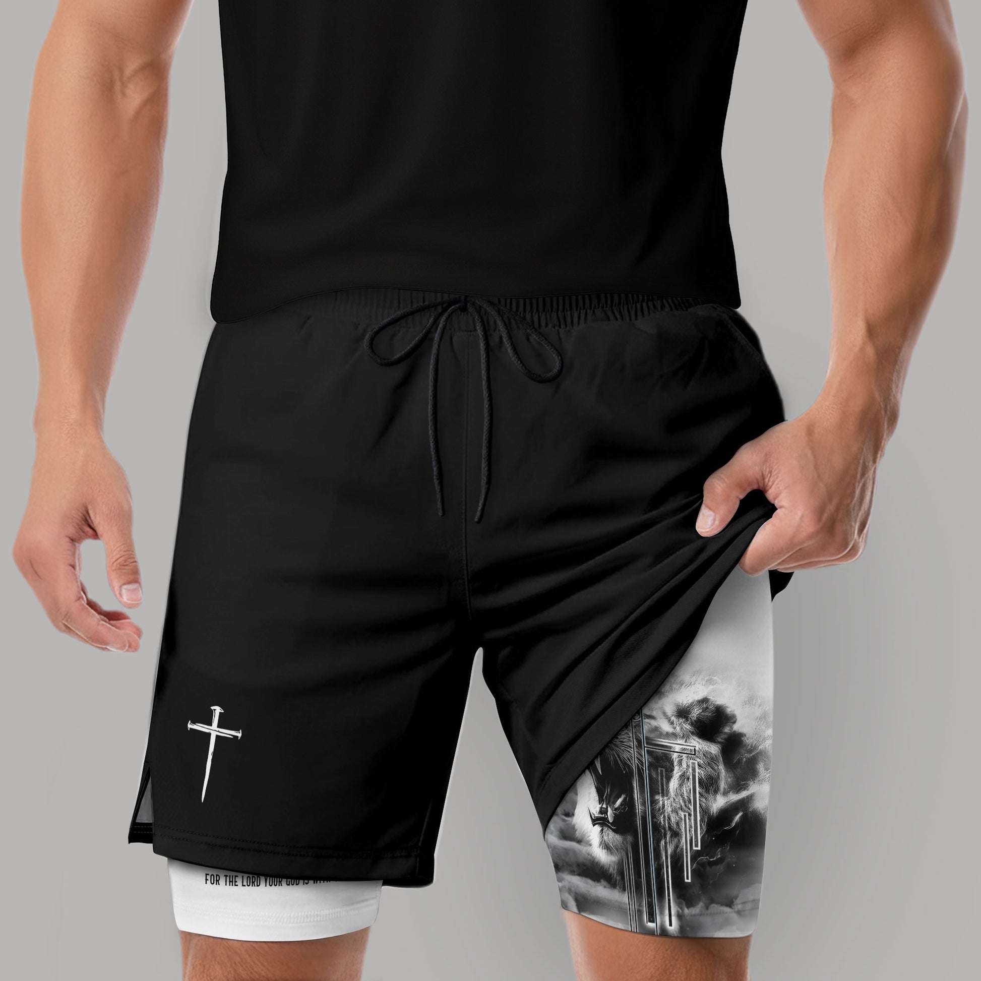 Joshua 1:9 Christian Gym Shorts for Men Lion Cross Faith Design - Rust Field Wear