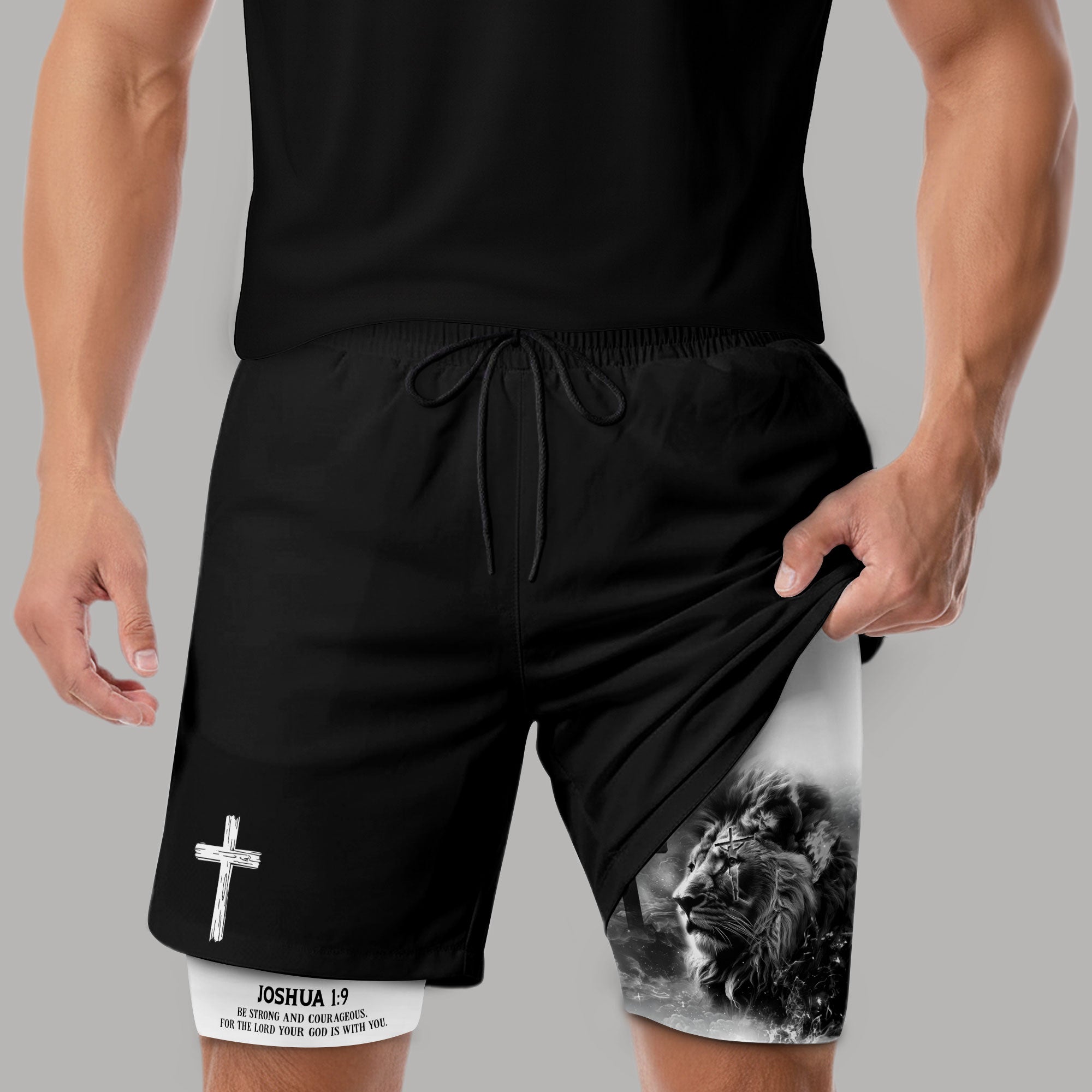 Joshua 1 9 Christian Gym Shorts for Men Cross Courage Design