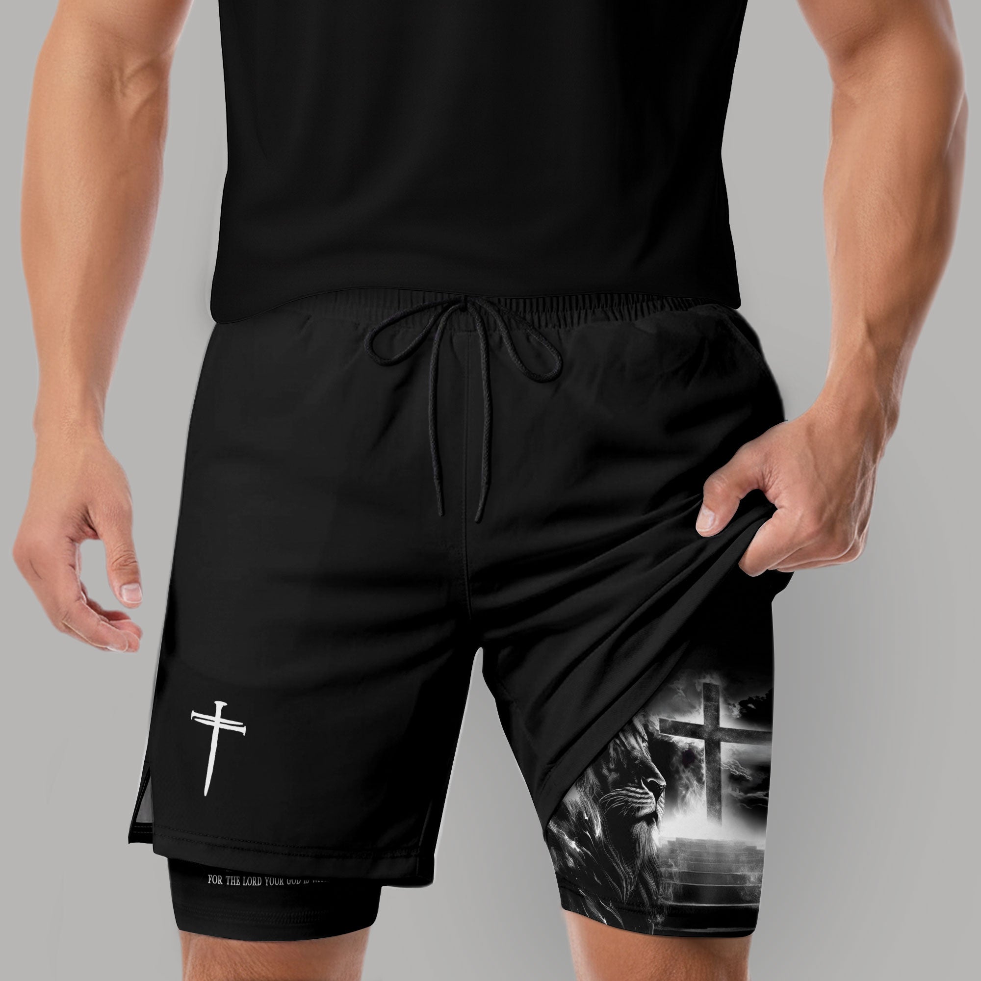 Joshua 1:9 Christian Gym Shorts for Men Lion Cross Faith Strength - Rust Field Wear
