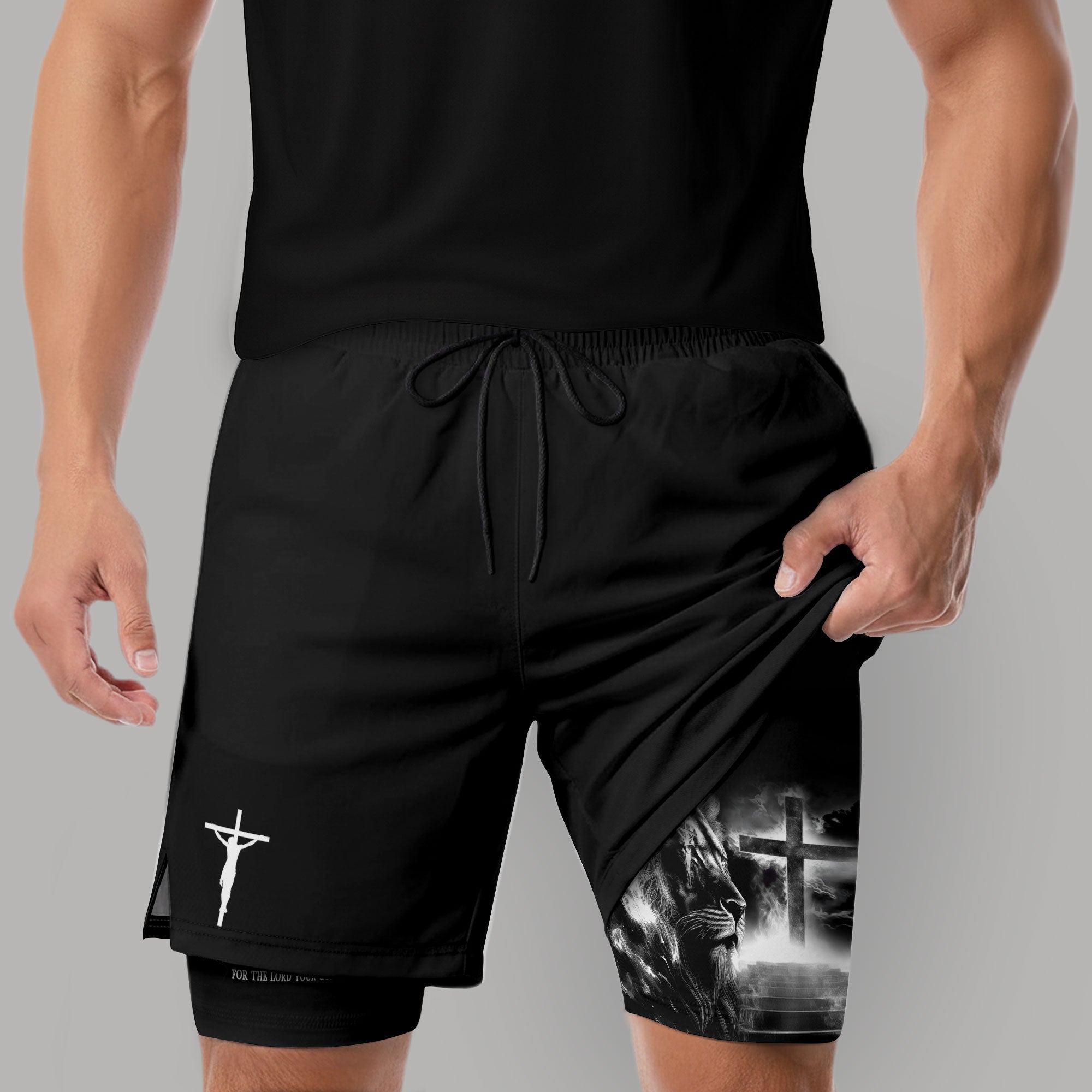 Joshua 1:9 Christian Gym Shorts for Men Lion Cross Crucifix Design - Rust Field Wear