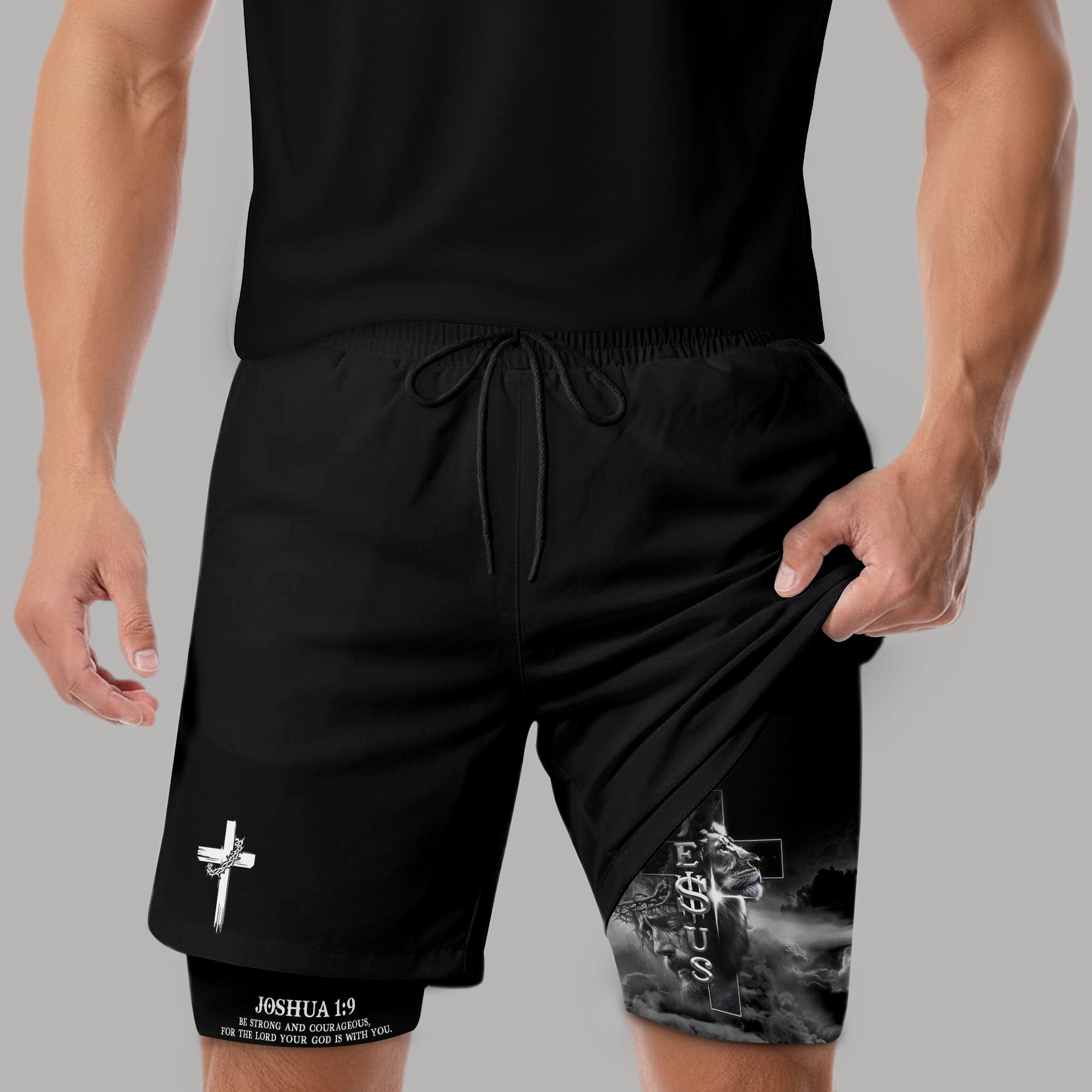 Joshua 1 9 Christian Gym Shorts for Men Jesus Lion Cross Design