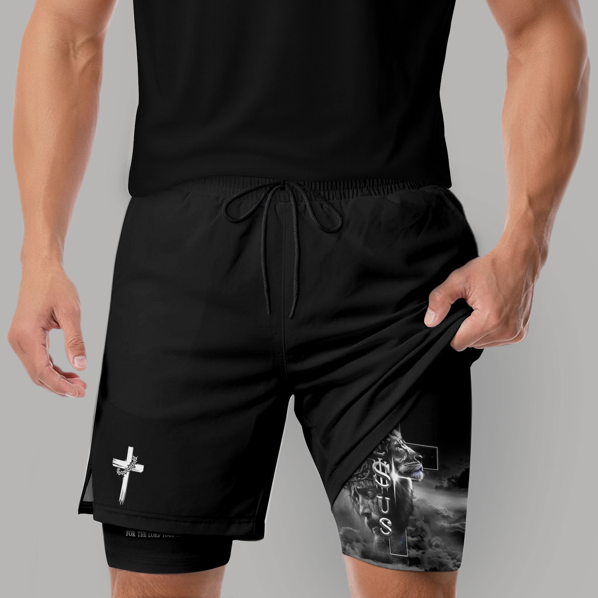 Joshua 1:9 Christian Gym Shorts for Men Jesus Lion Cross Design - Rust Field Wear