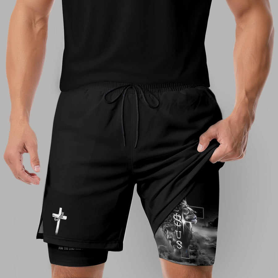 Joshua 1:9 Christian Gym Shorts for Men Jesus Lion Cross Design