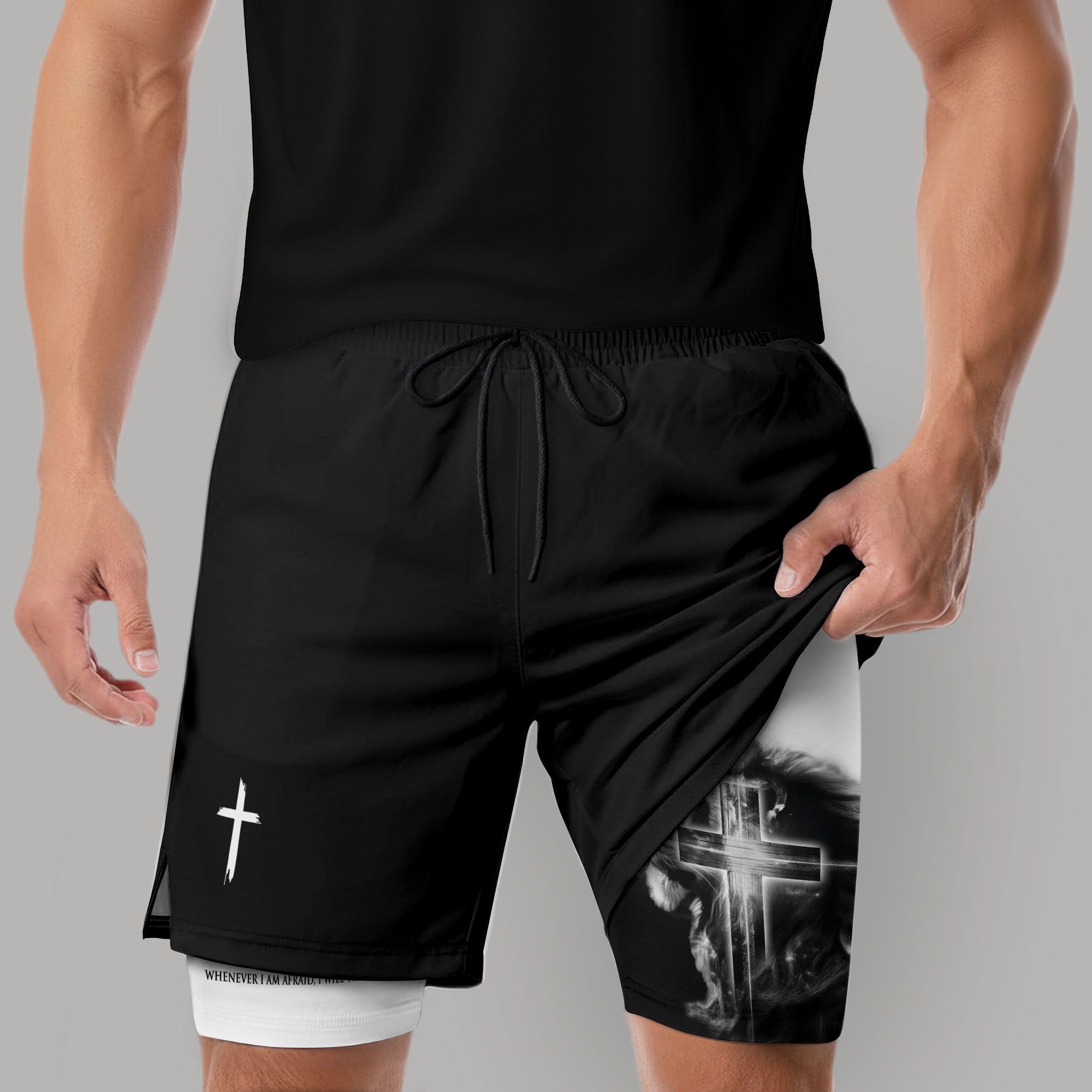 Psalm 56:3 Christian Gym Shorts for Men Lion Cross Faith Design - Rust Field Wear