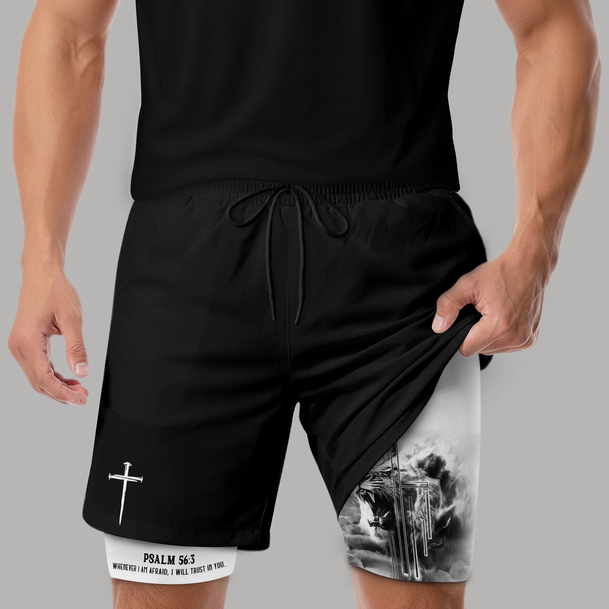 Psalm 56 3 Christian Gym Shorts for Men Fearless Lion Cross Design