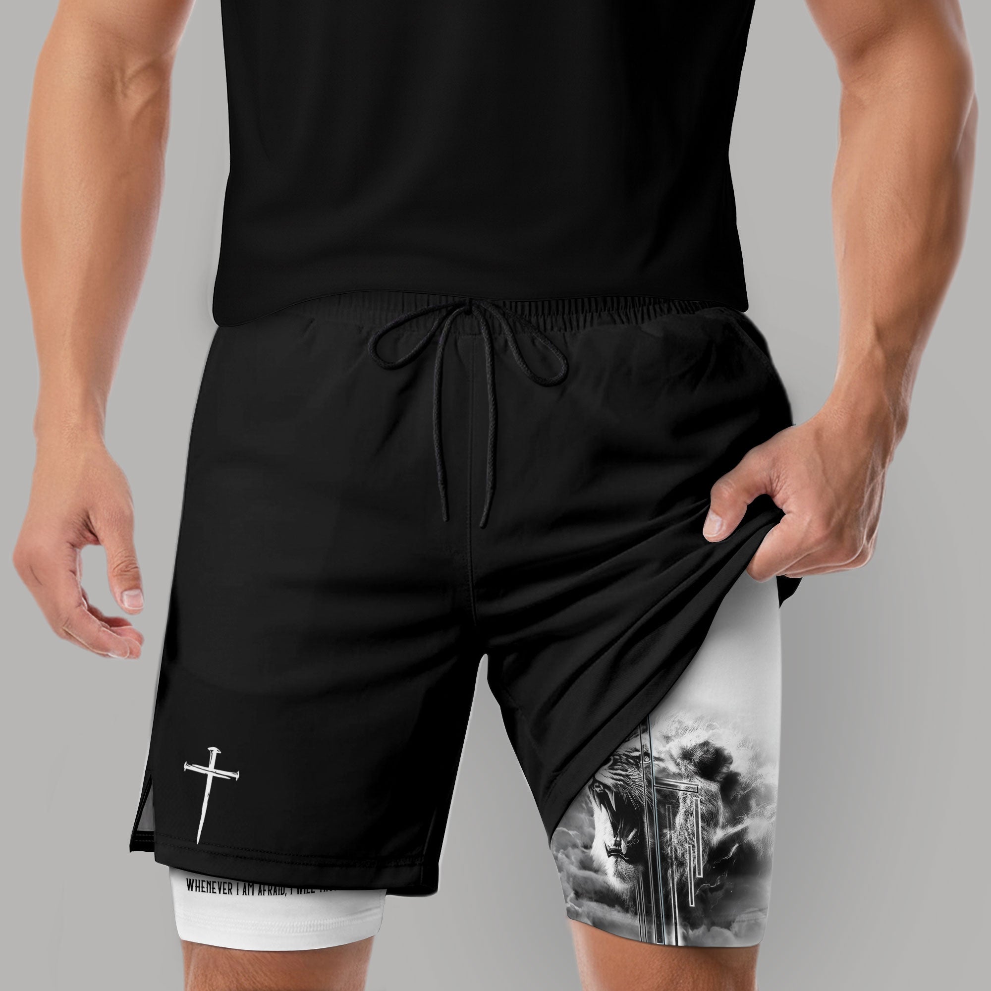 Psalm 56:3 Christian Gym Shorts for Men Fearless Lion Cross Design - Rust Field Wear