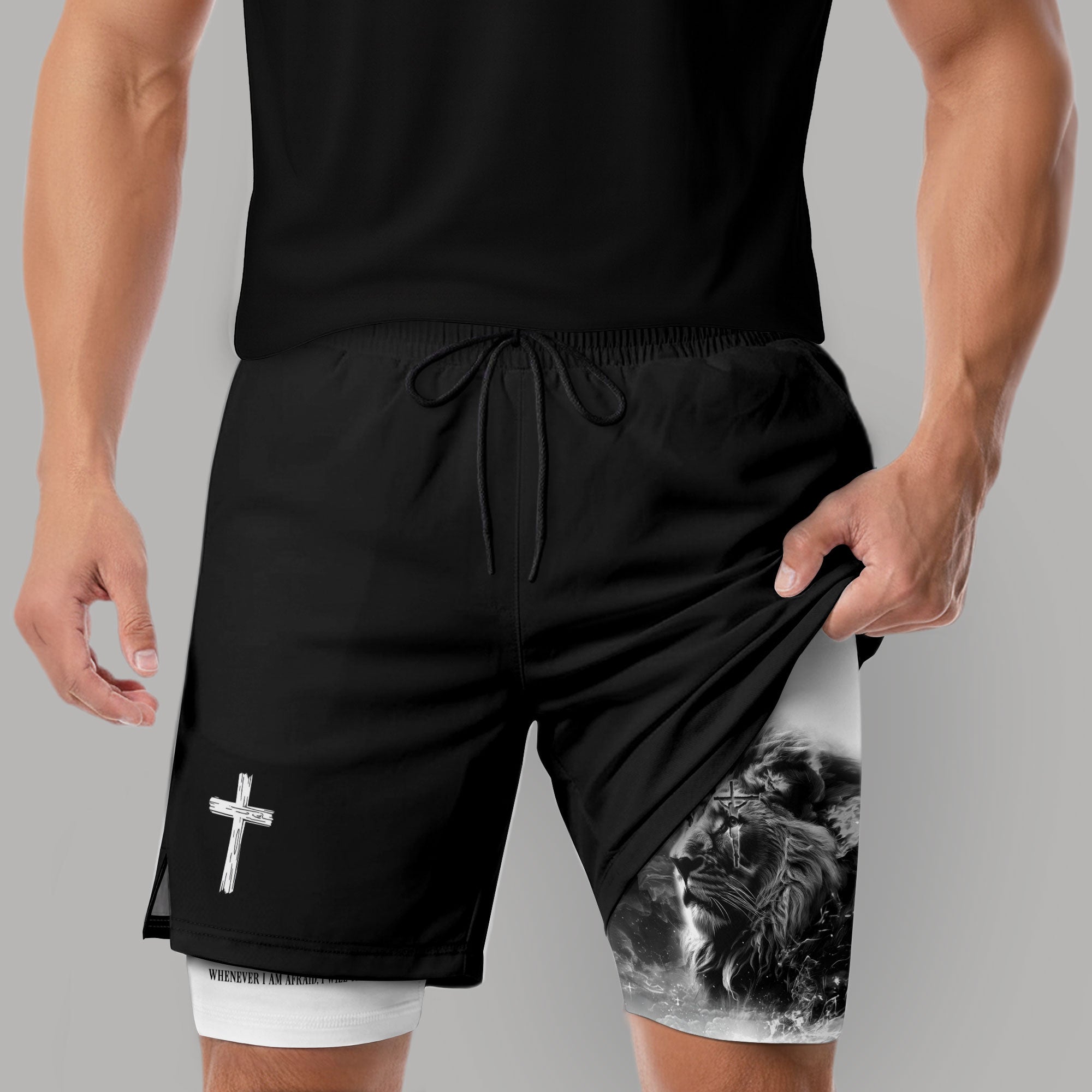 Psalm 56:3 Christian Gym Shorts for Men Lion of Judah Cross Design - Rust Field Wear