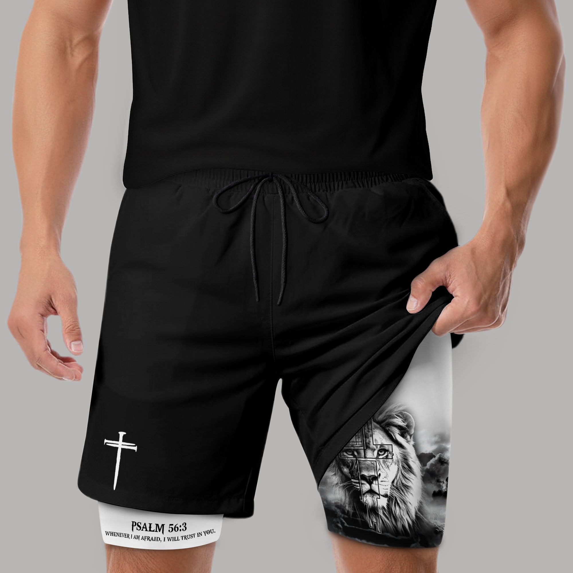 Psalm 56 3 Christian Gym Shorts for Men Trust in God Lion Cross Design