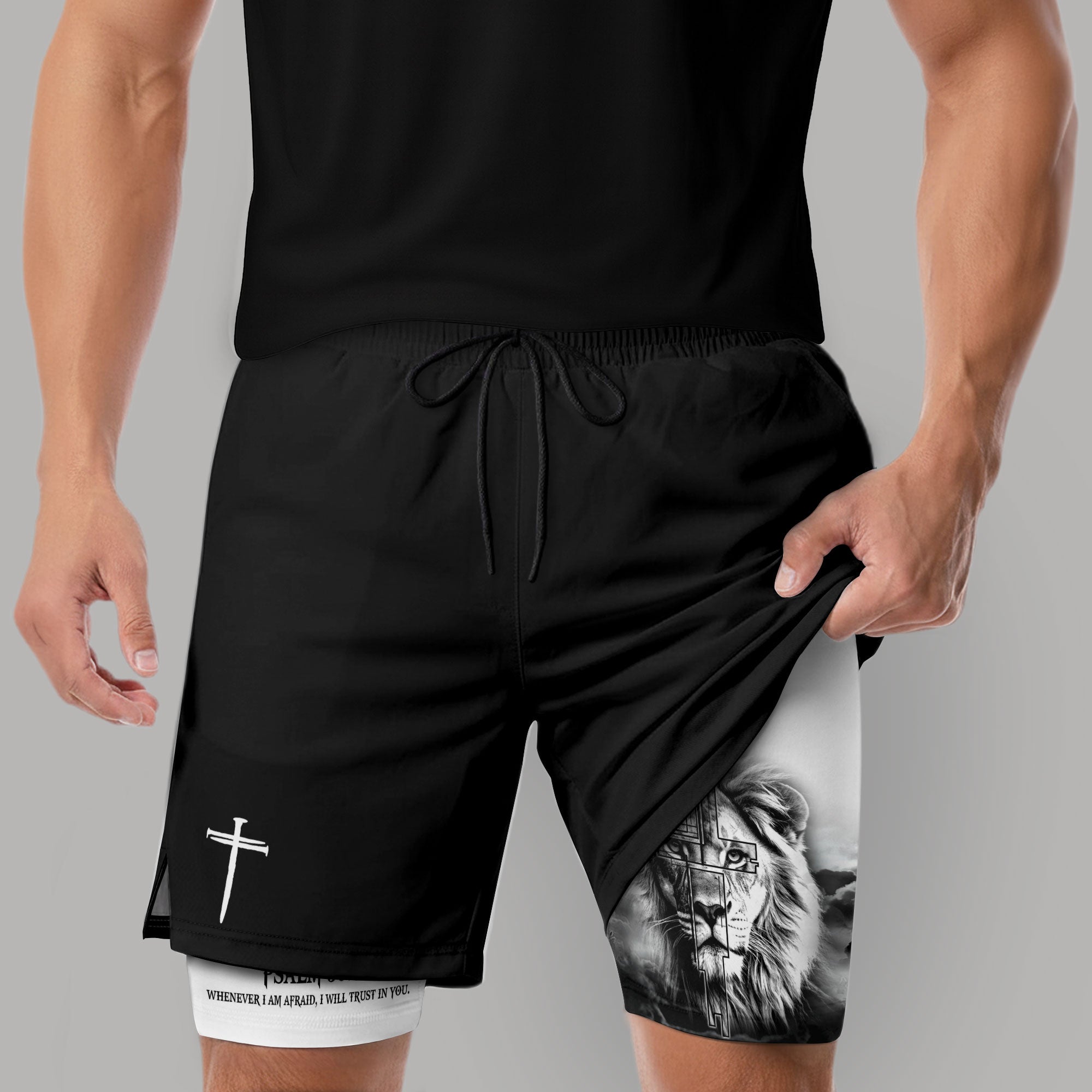 Psalm 56:3 Christian Gym Shorts for Men Trust in God Lion Cross Design - Rust Field Wear