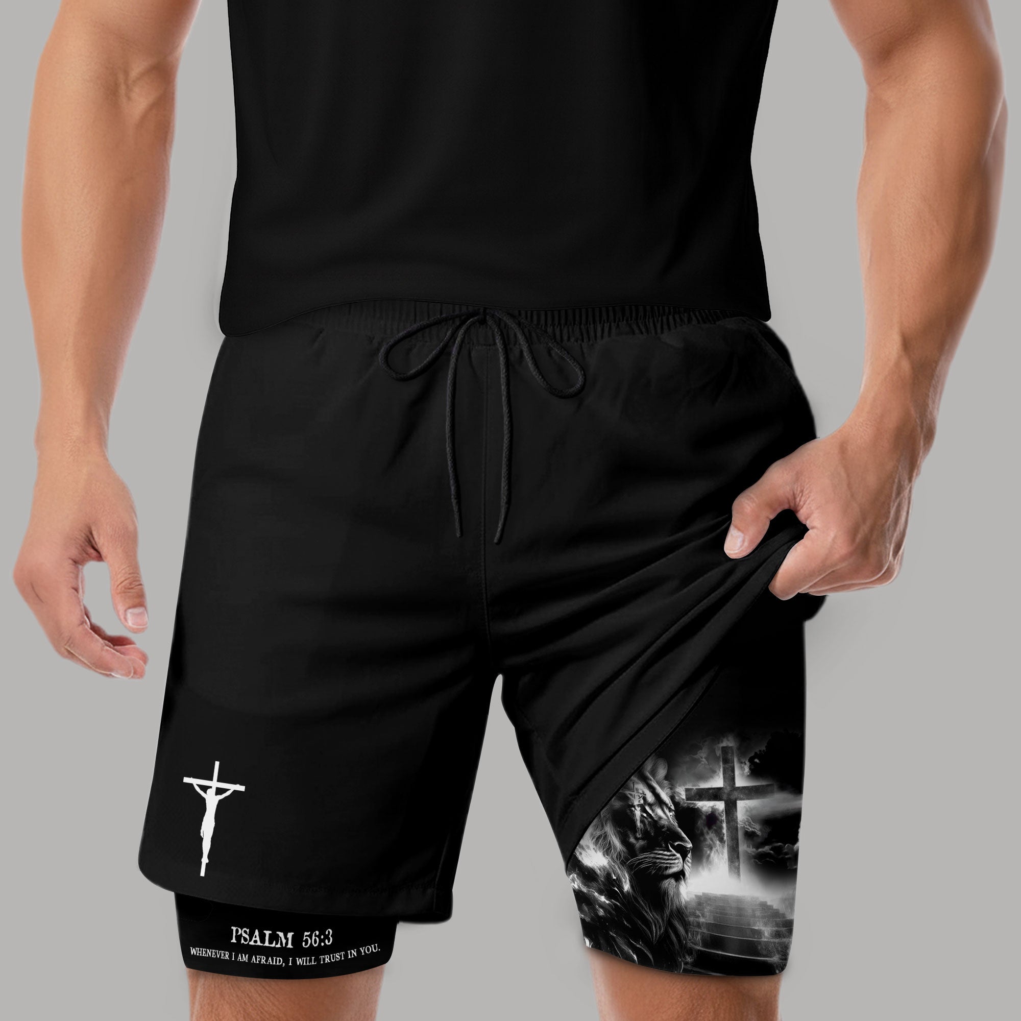 Psalm 56 3 Christian Gym Shorts for Men Lion Cross Path Design
