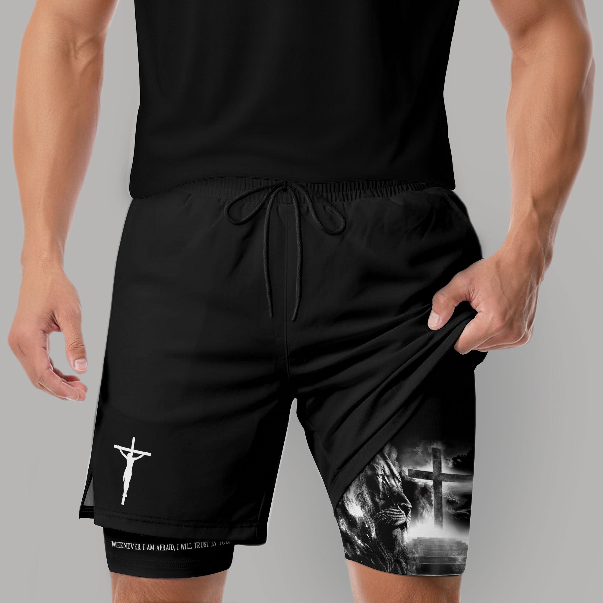 Psalm 56:3 Christian Gym Shorts for Men Lion Cross Path Design - Rust Field Wear