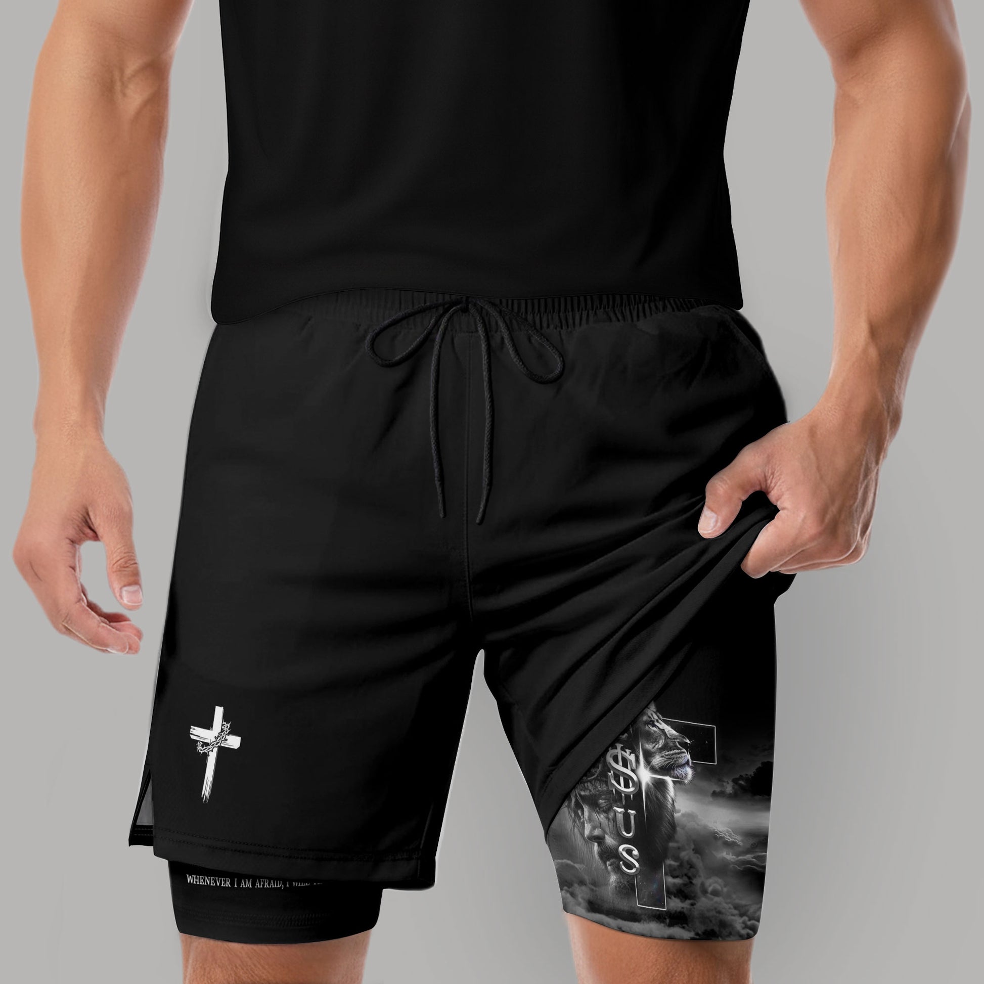 Psalm 56:3 Christian Gym Shorts for Men Jesus Cross Lion Design - Rust Field Wear
