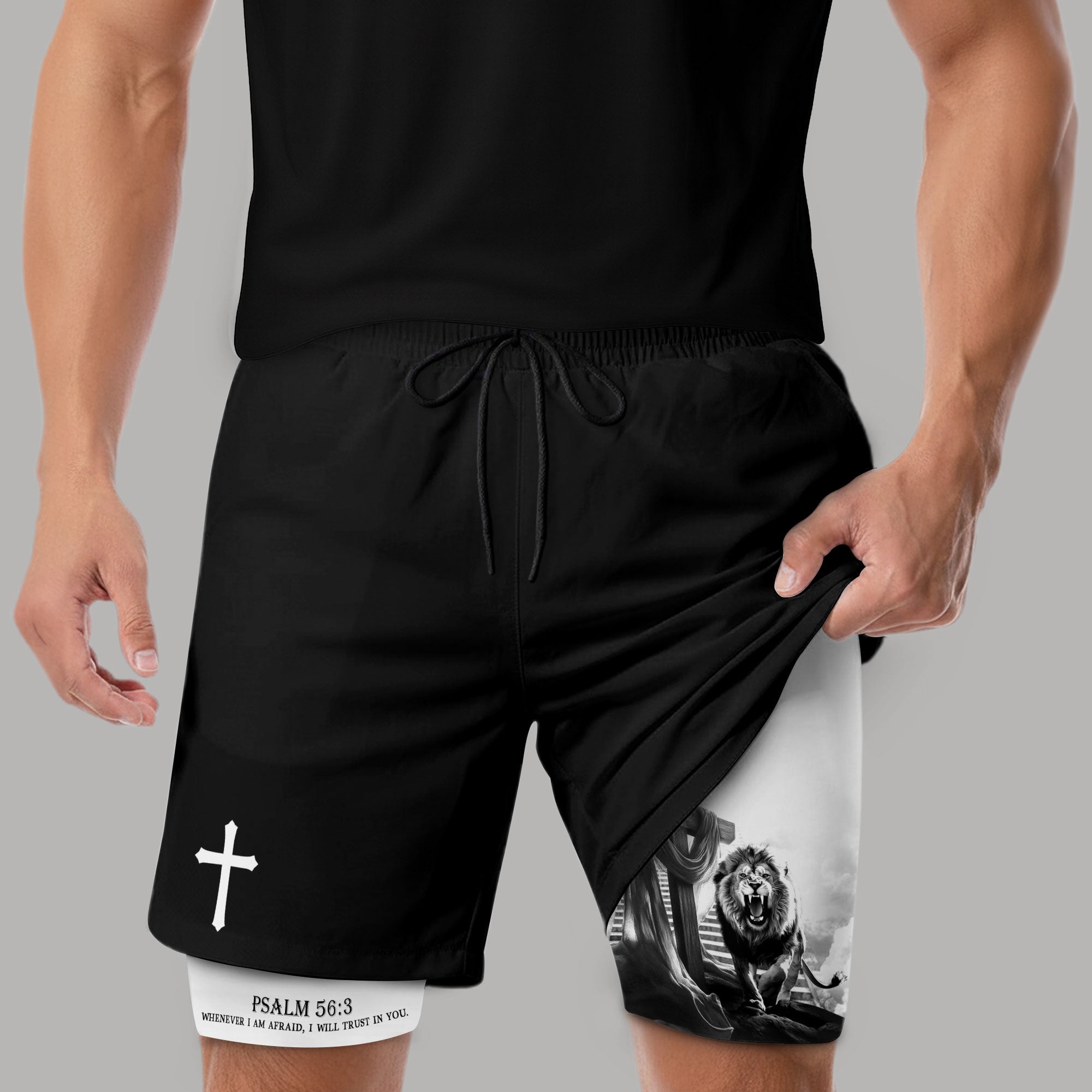 Psalm 56 3 Christian Gym Shorts for Men Lion Cross Stairway Design