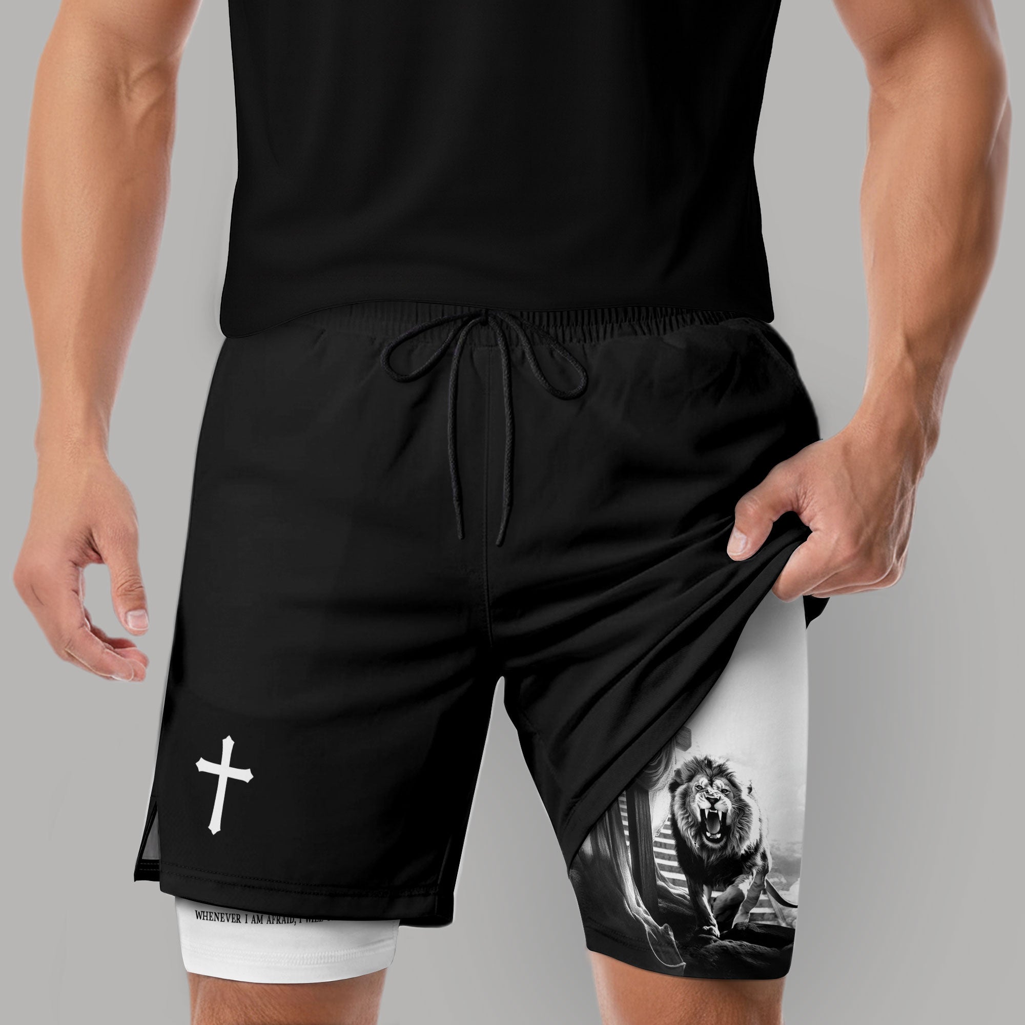 Psalm 56:3 Christian Gym Shorts for Men Lion Cross Stairway Design - Rust Field Wear