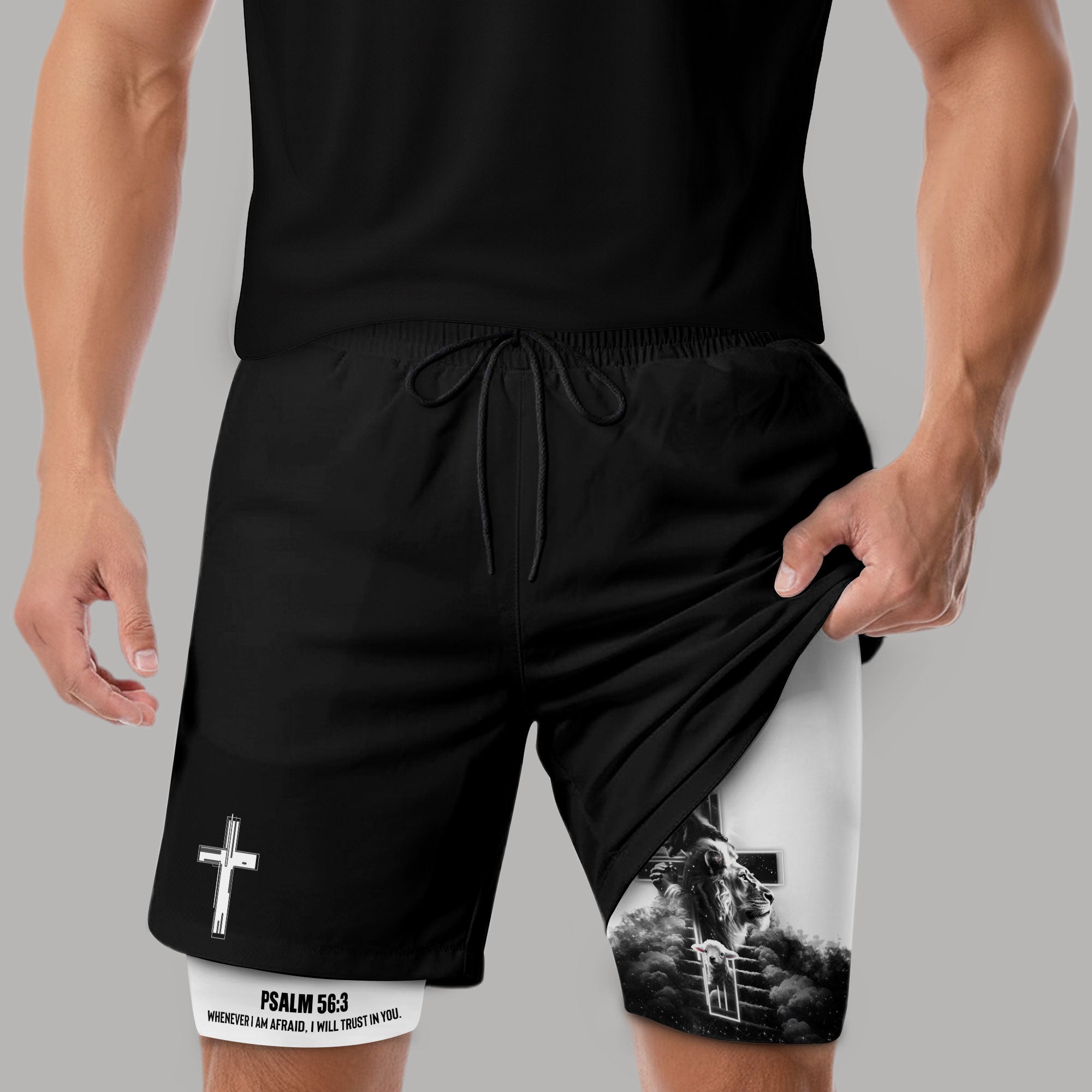 Psalm 56 3 Christian Gym Shorts for Men Jesus Cross Stairway Design