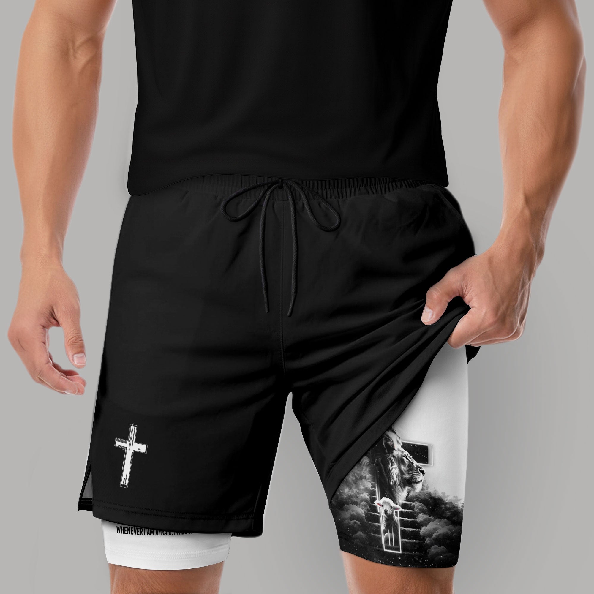 Psalm 56:3 Christian Gym Shorts for Men Jesus Cross Stairway Design - Rust Field Wear
