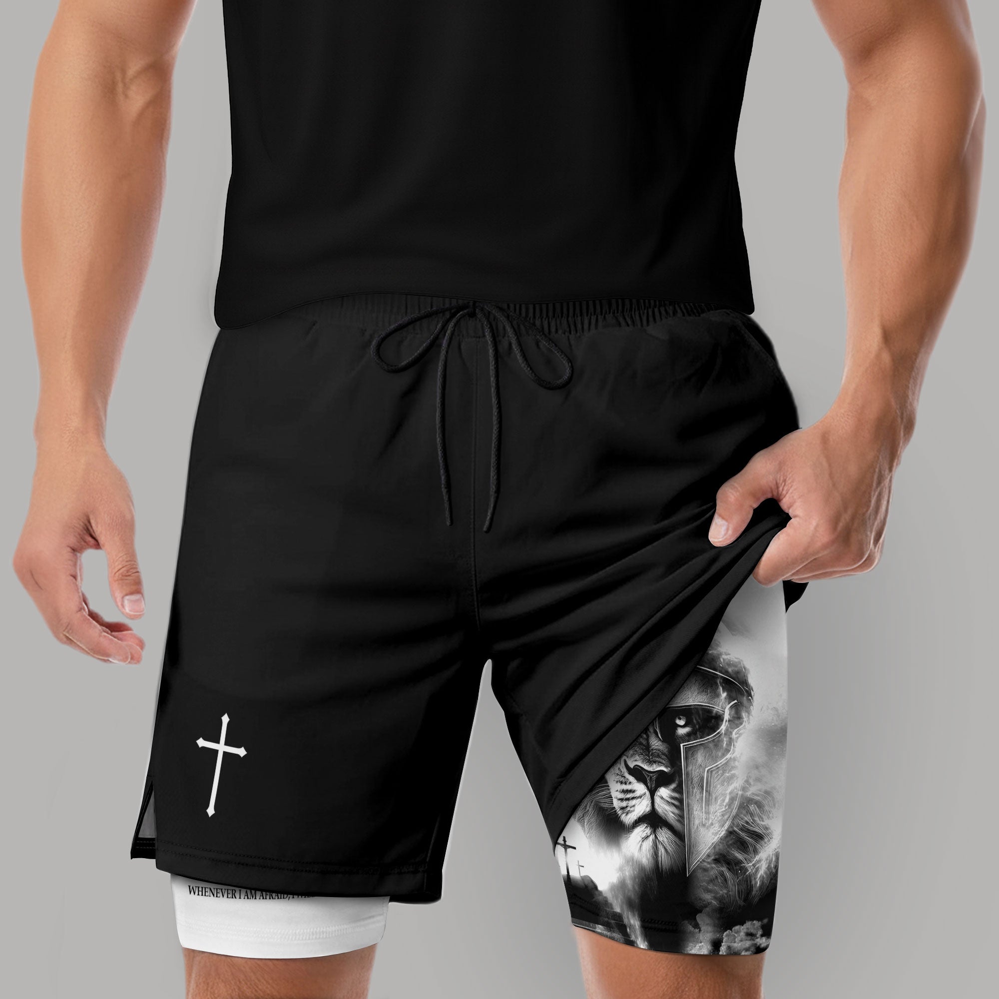 Psalm 56:3 Christian Gym Shorts for Men Lion Armor Cross Design - Rust Field Wear