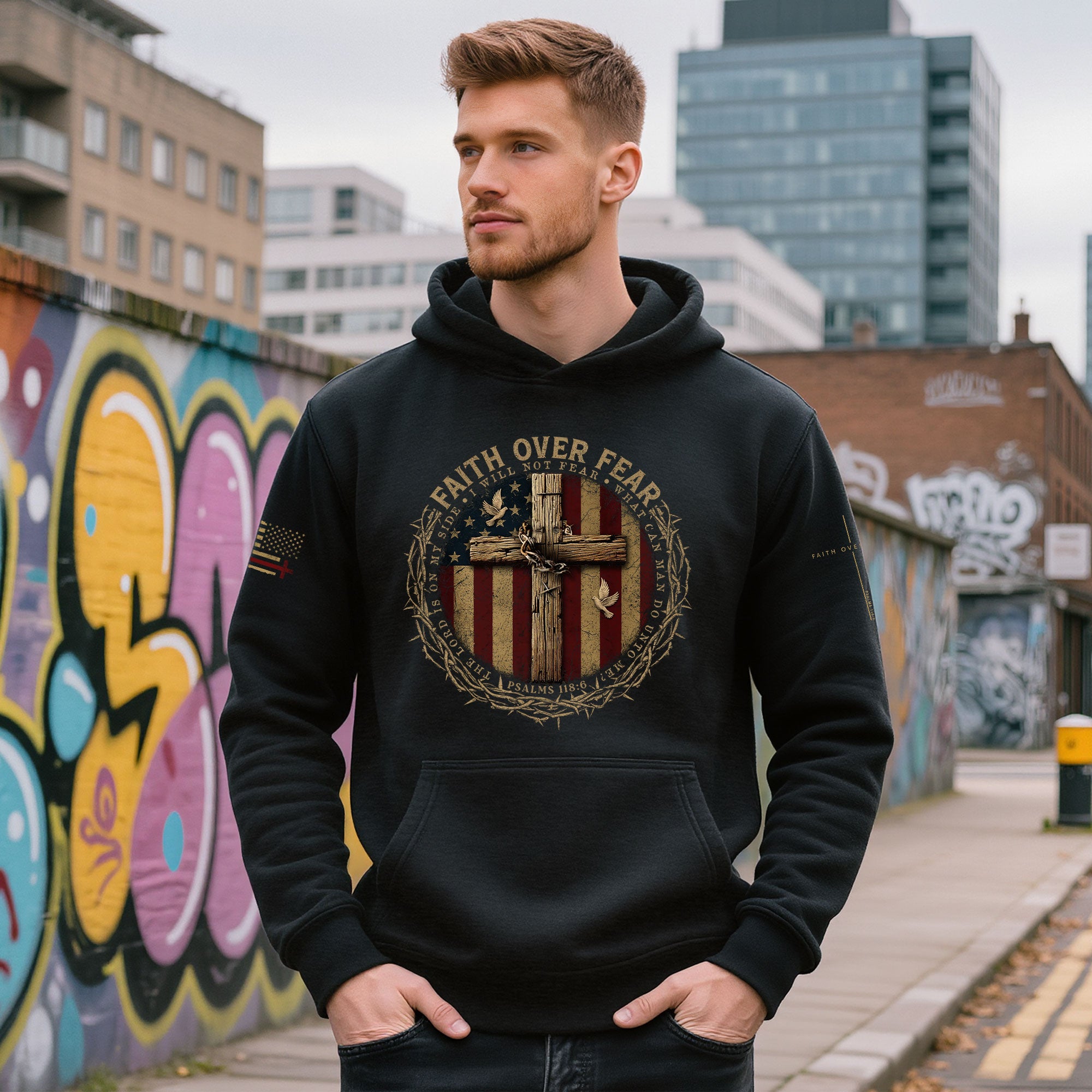 Faith Over Fear Christian Hoodie American Flag Cross Design Religious