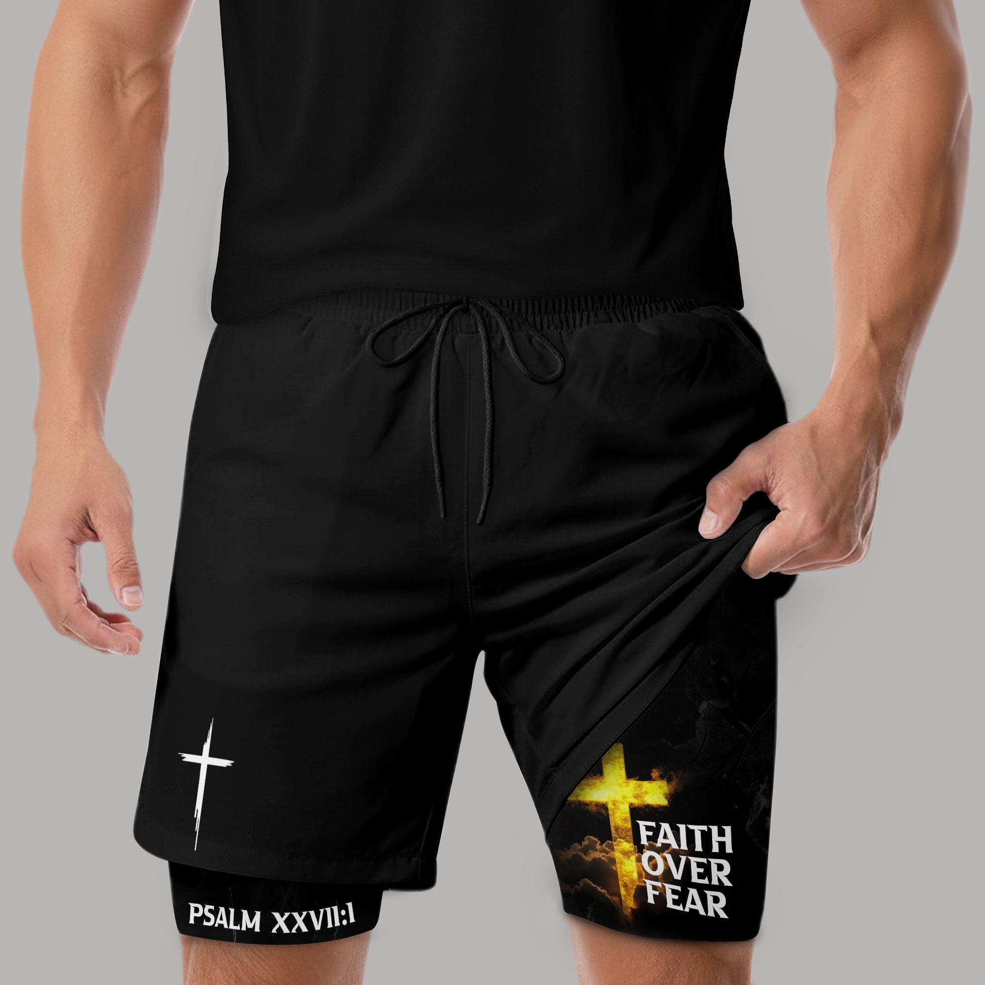 Psalm 27:1 Faith Over Fear Christian Mens Gym Shorts Bible Verse Glowing Gold Design