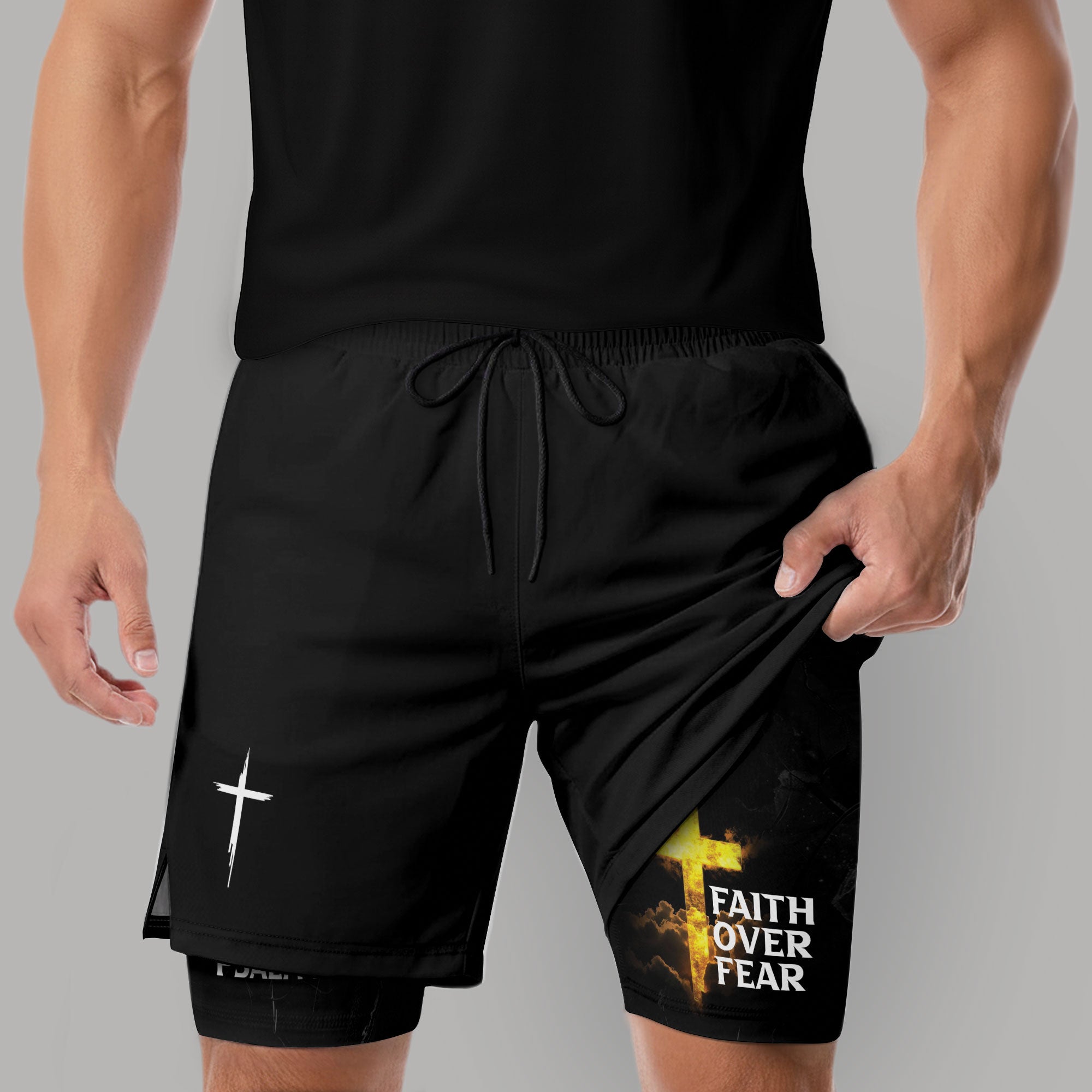 Psalm 27:1 Faith Over Fear Christian Mens Gym Shorts Bible Verse Glowing Gold Design - Rust Field Wear