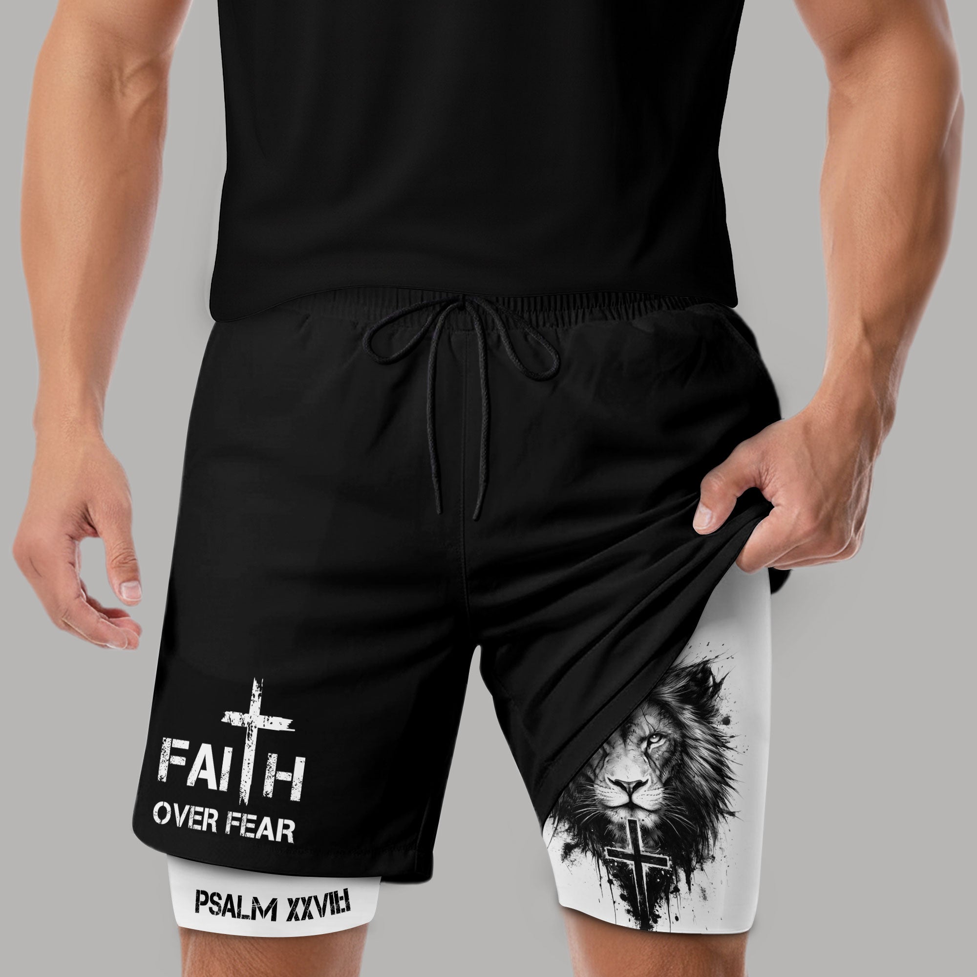 Psalm 27:1 Faith Over Fear Christian Mens Workout Shorts Sketch Lion Bible Verse Art