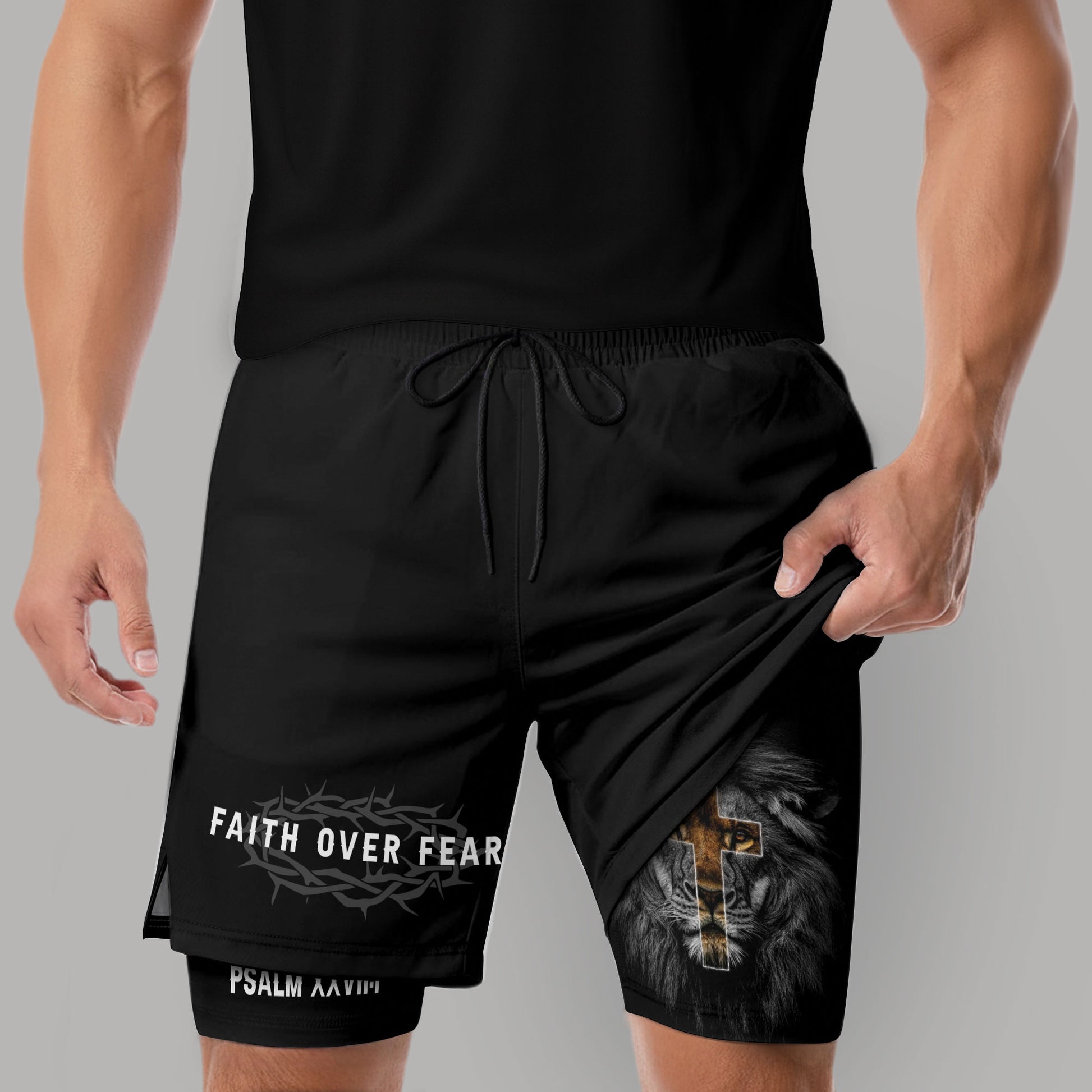 Psalm 27:1 Faith Over Fear Christian Mens Gym Shorts Brown Lion Scripture Design - Rust Field Wear