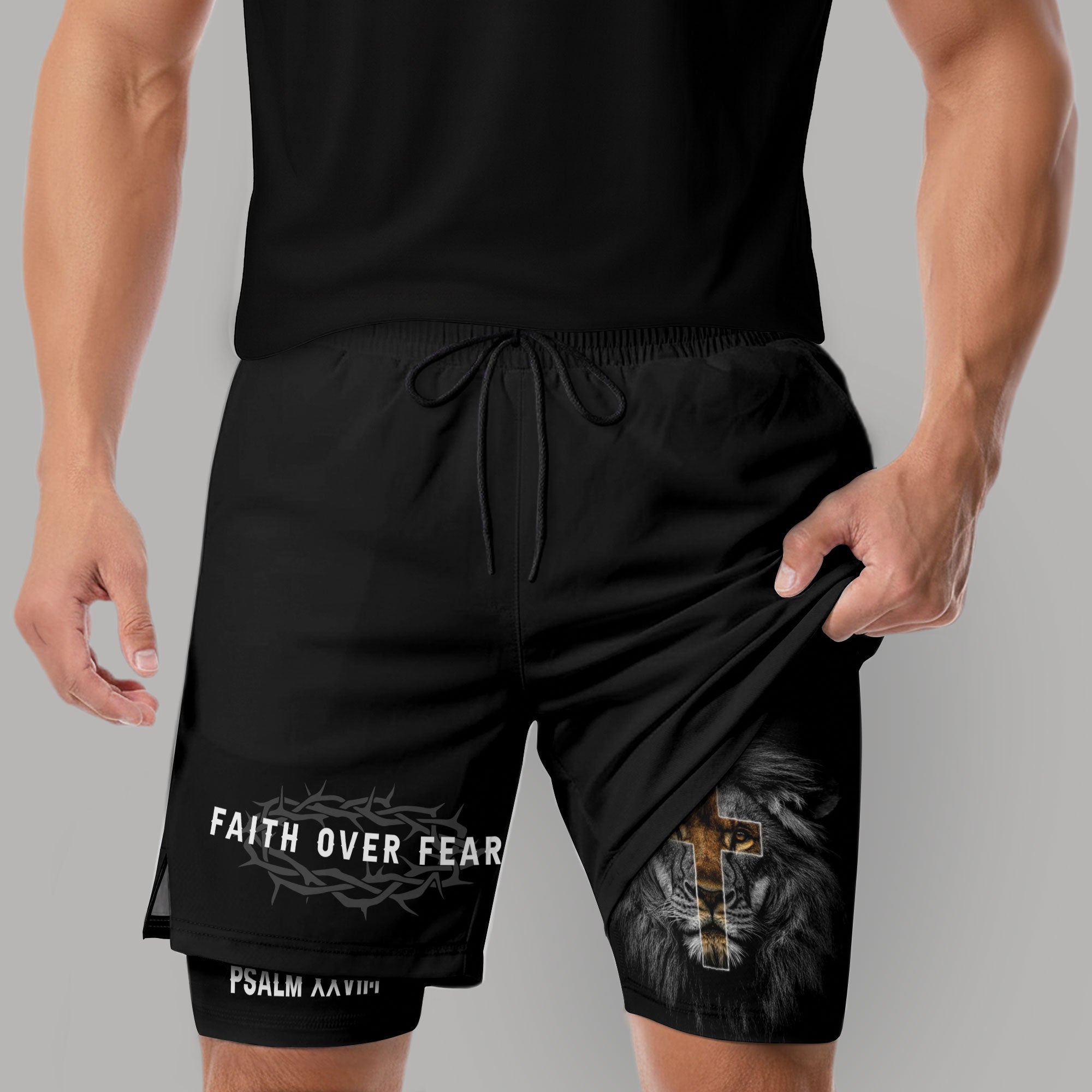 Psalm 27:1 Faith Over Fear Christian Mens Gym Shorts Brown Lion Scripture Design - Rust Field Wear