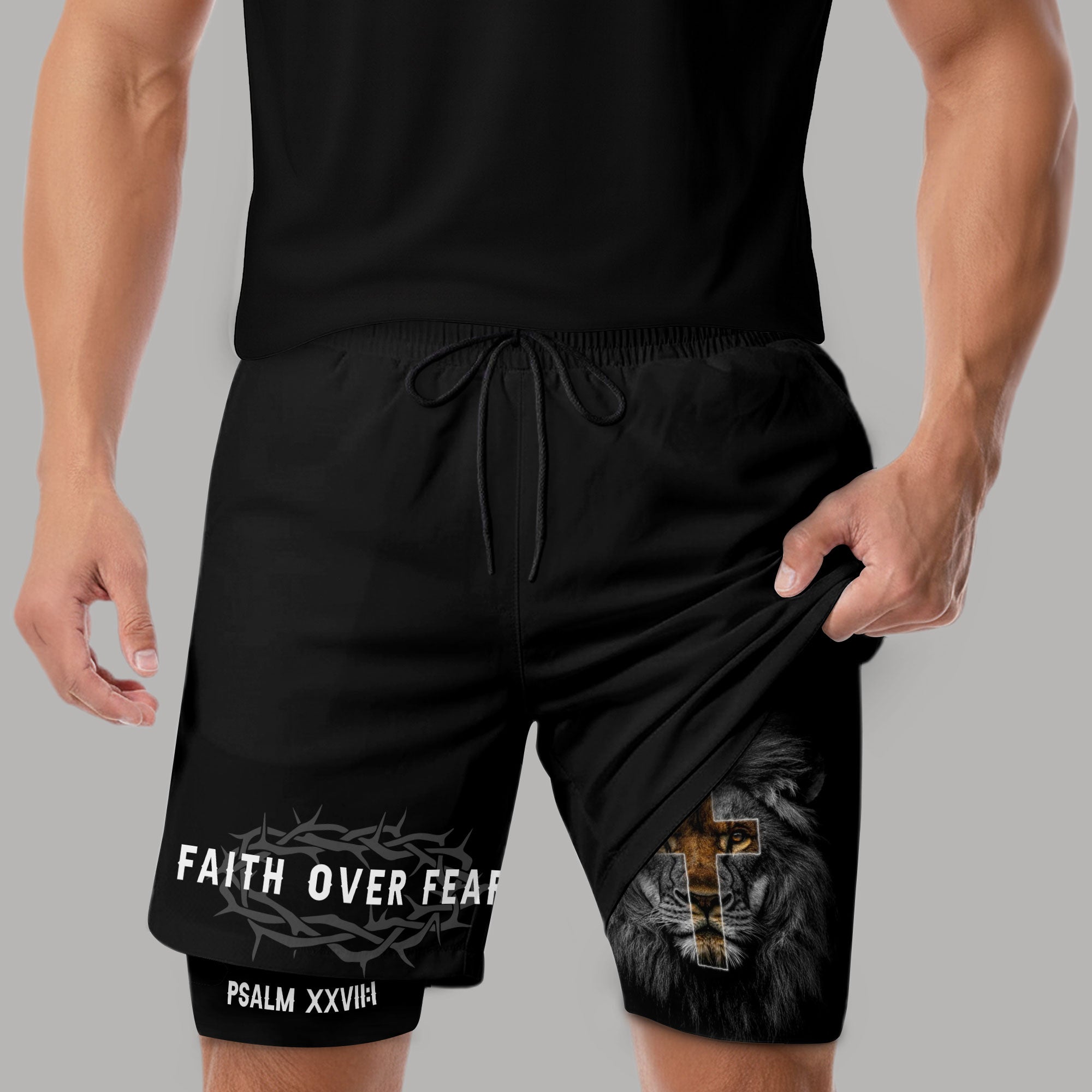 Psalm 27:1 Faith Over Fear Christian Mens Gym Shorts Brown Lion Scripture Design