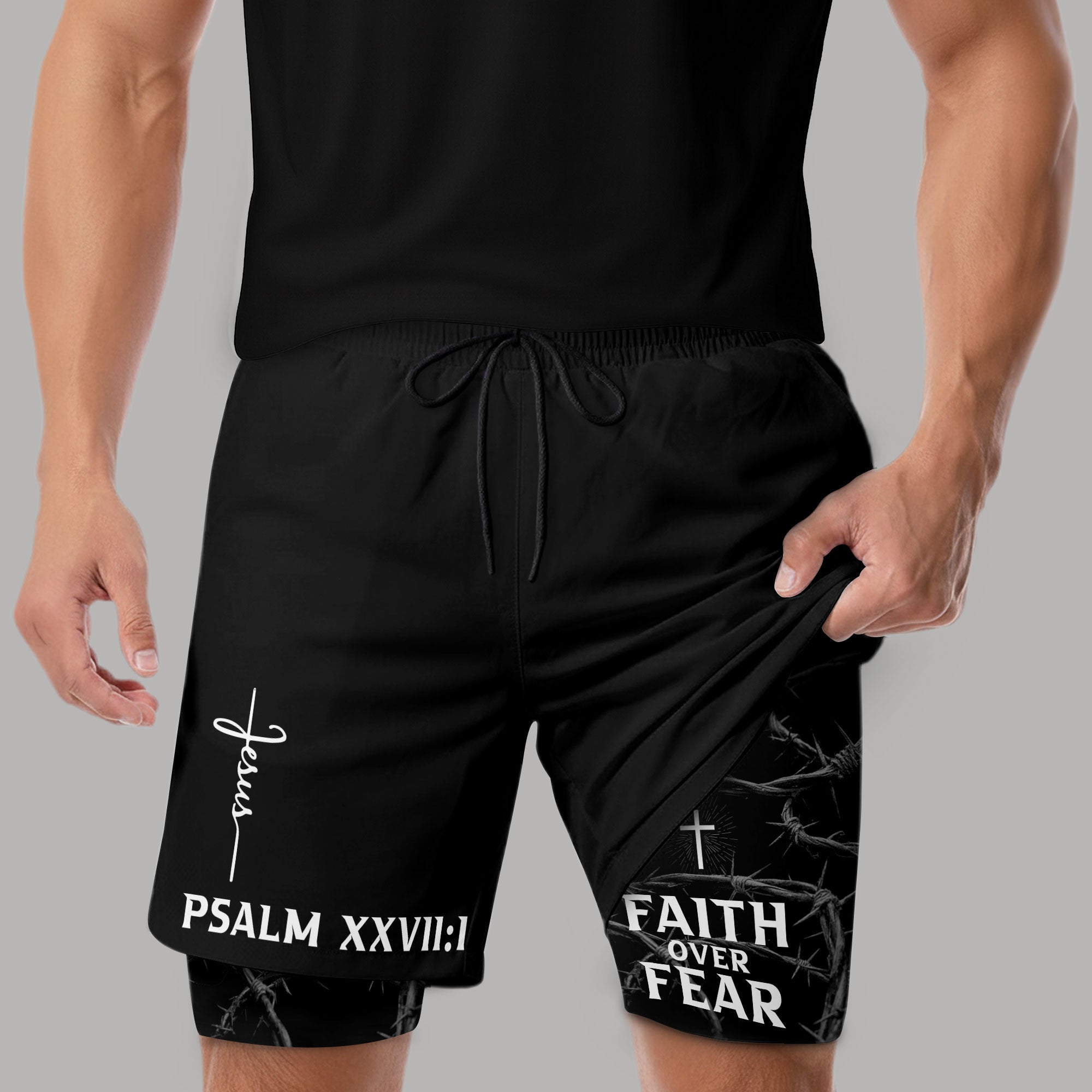 Psalm 27:1 Faith Over Fear Christian Mens Training Shorts Thorns Cross Bible Verse