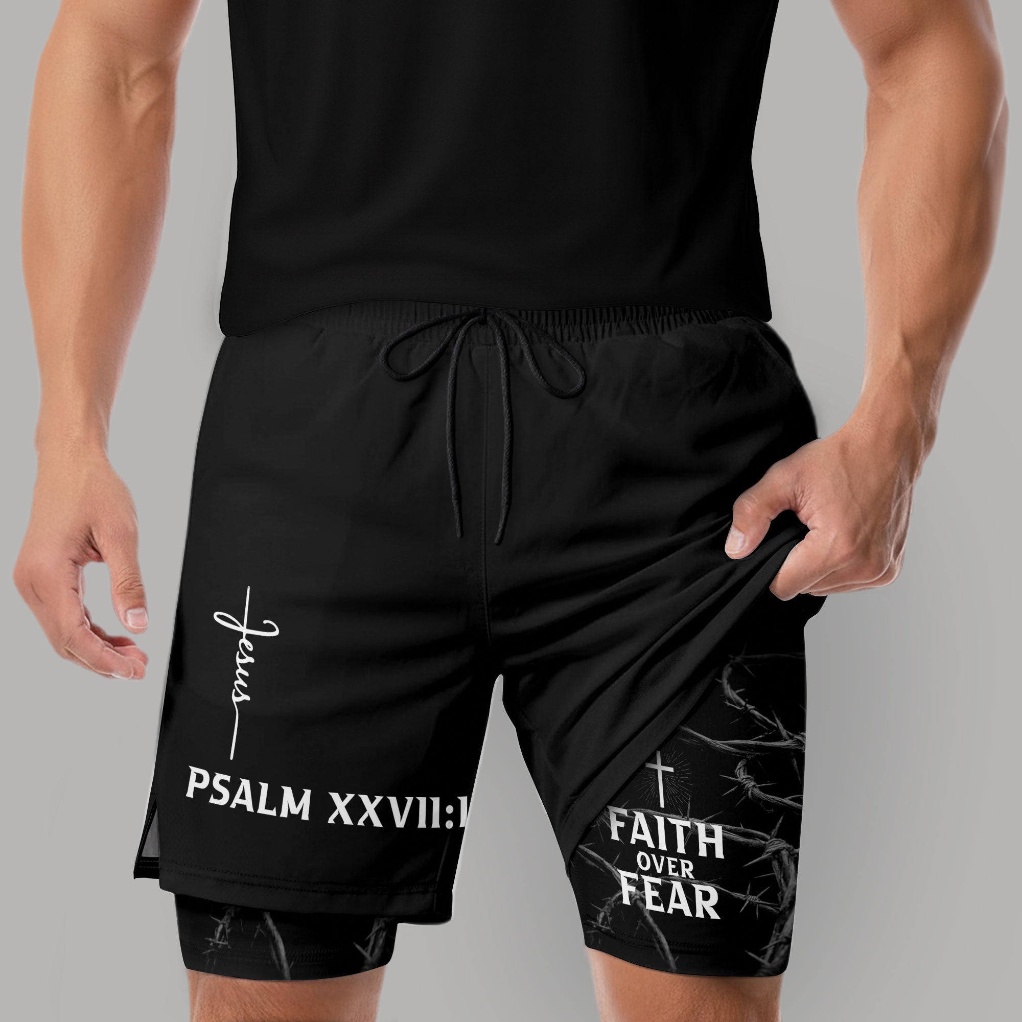 Psalm 27:1 Faith Over Fear Christian Mens Training Shorts Thorns Cross Bible Verse - Rust Field Wear