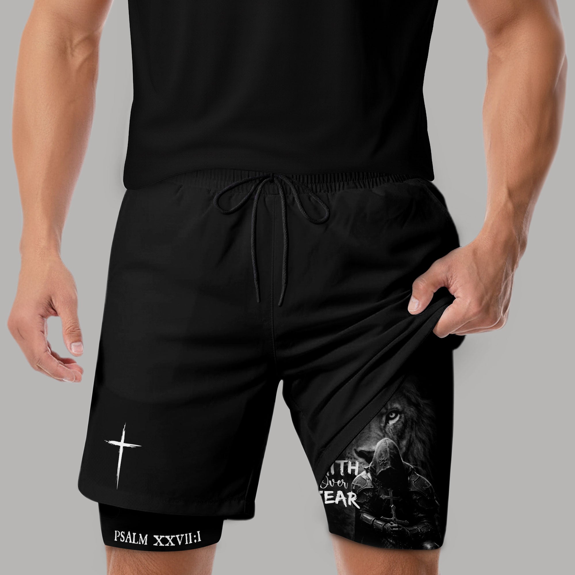 Psalm 27:1 Faith Over Fear Christian Mens Gym Shorts Lion Knight Bible Verse Design