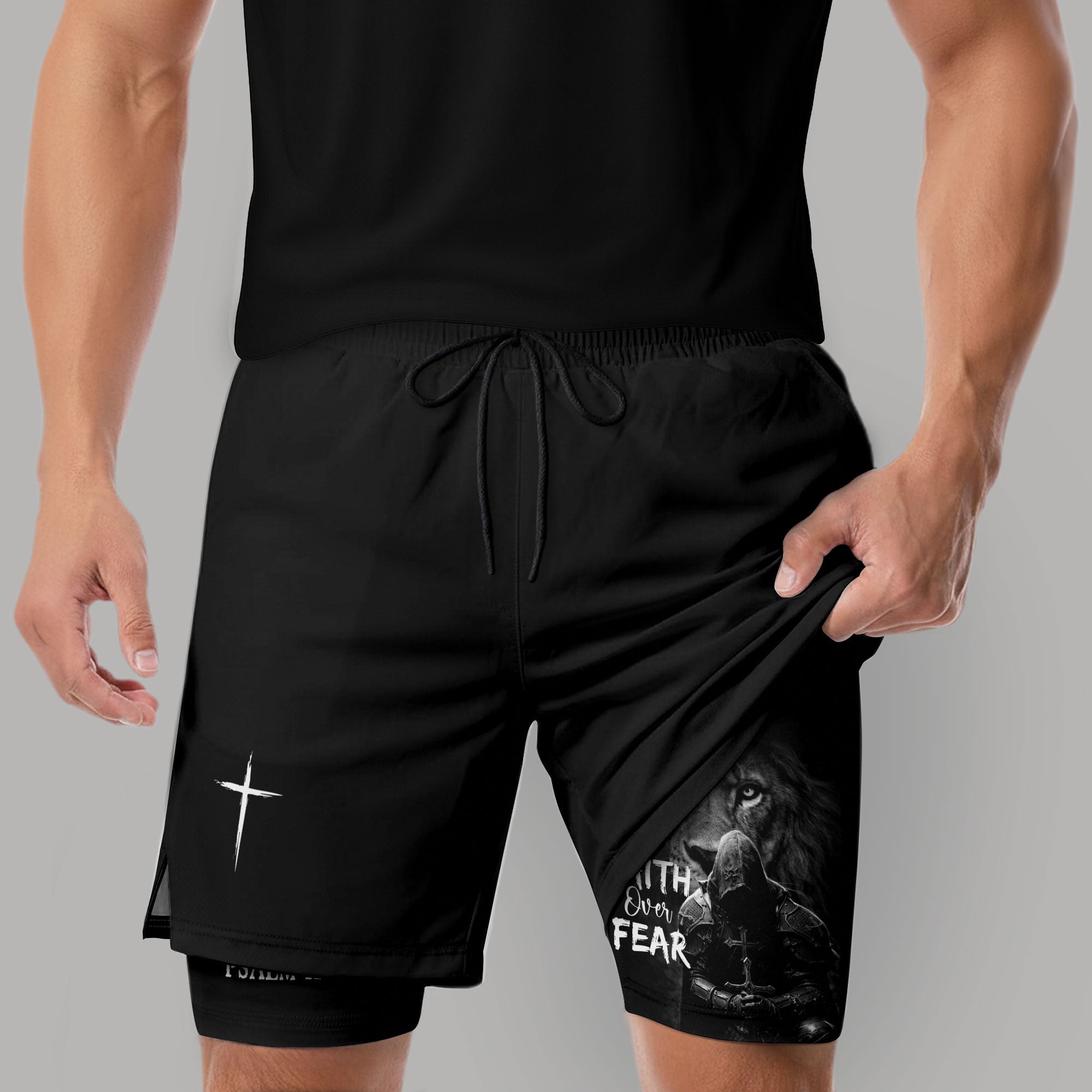 Psalm 27:1 Faith Over Fear Christian Mens Gym Shorts Lion Knight Bible Verse Design - Rust Field Wear