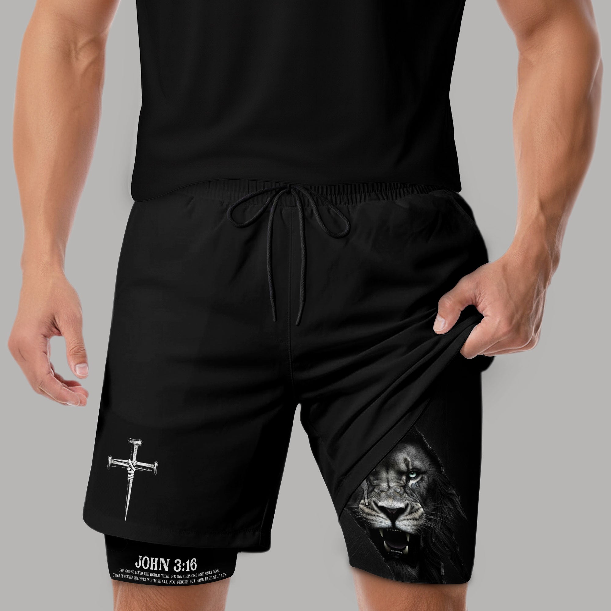 John 3:16 Christian Gym Workout Shorts Men Lion of Judah Cross Faith Bible Verse