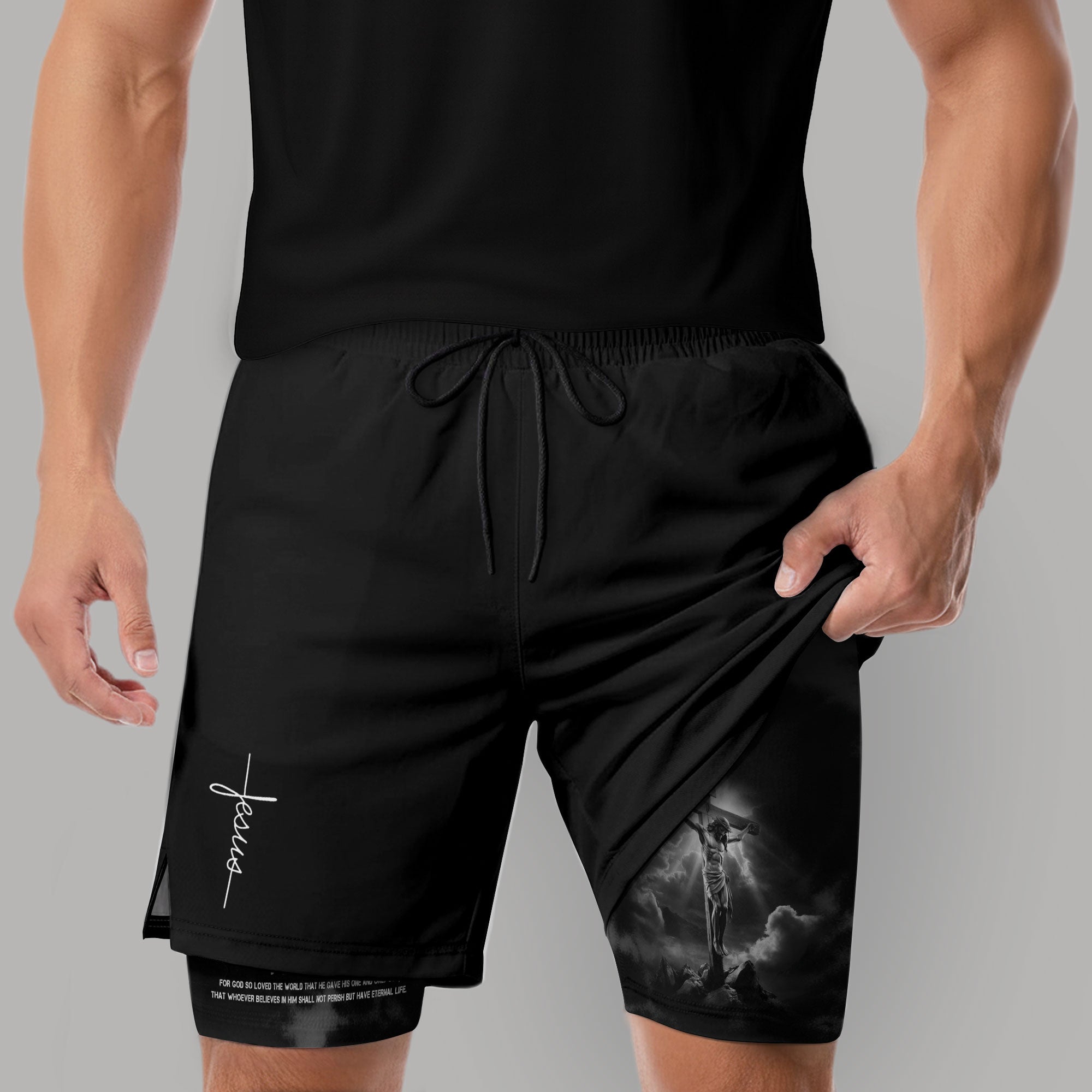 John 3:16 Christian Gym Workout Shorts Men Jesus Cross Bible Verse Religious - Rust Field Wear