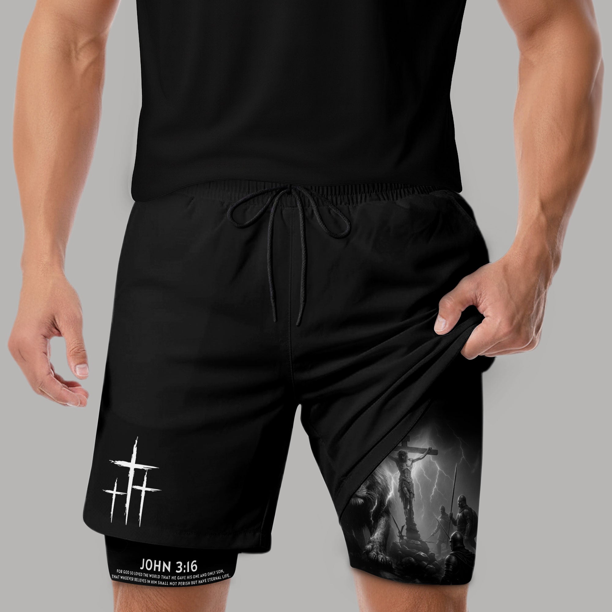 John 3:16 Christian Gym Workout Shorts Men Lion Jesus Cross Bible Verse