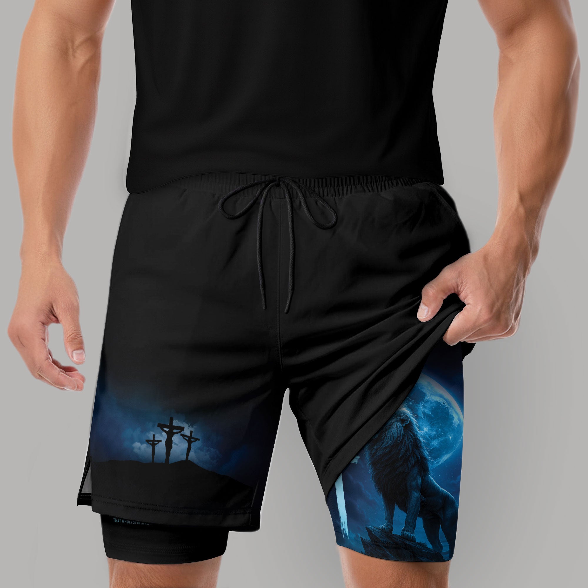 John 3:16 Christian Gym Workout Shorts Men Lion Cross Bible Verse Blue - Rust Field Wear