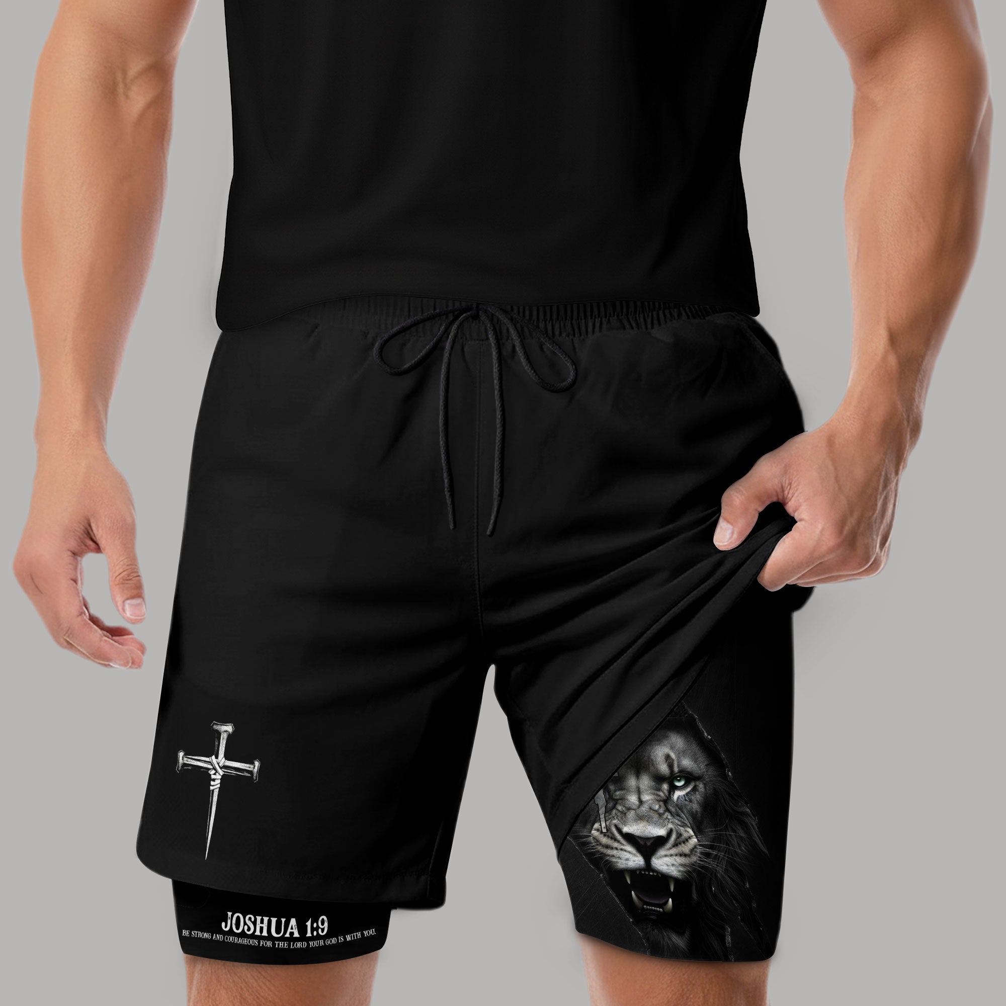 Joshua 1:9 Christian Gym Workout Shorts Men Lion of Judah Bible Verse Activewear
