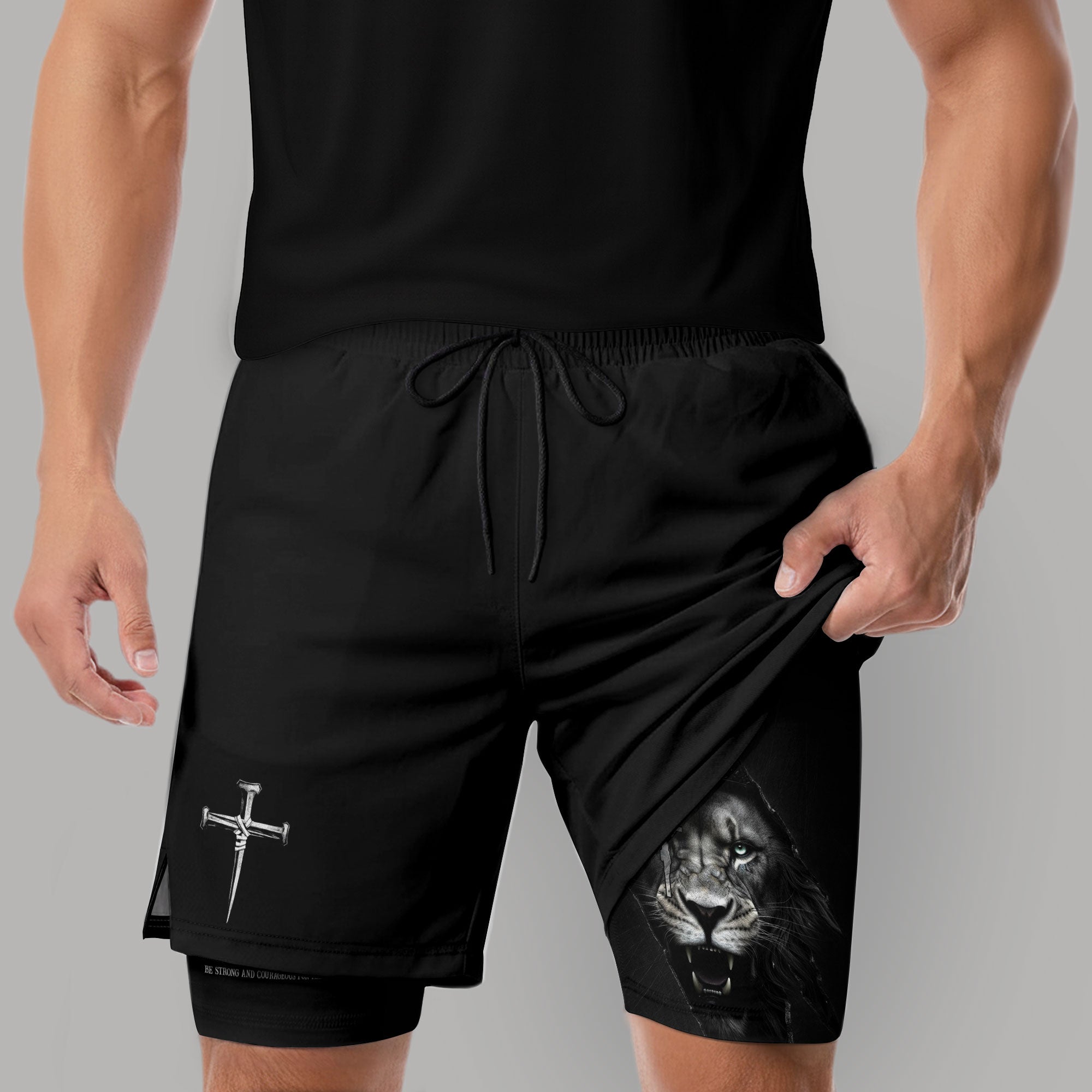 Joshua 1:9 Christian Gym Workout Shorts Men Lion of Judah Bible Verse Activewear - Rust Field Wear