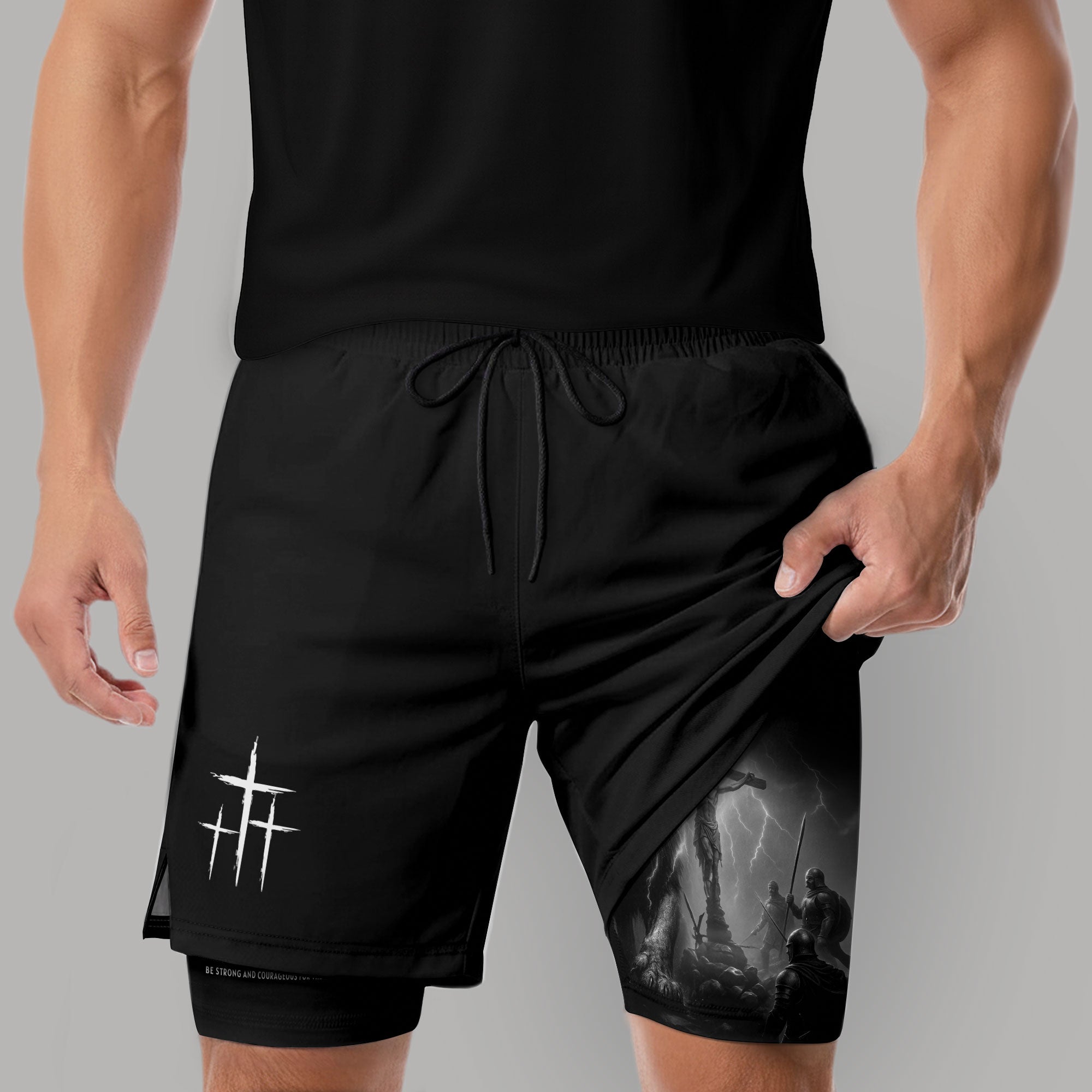 Joshua 1:9 Christian Gym Workout Shorts Men Lion Jesus Cross Bible Verse - Rust Field Wear