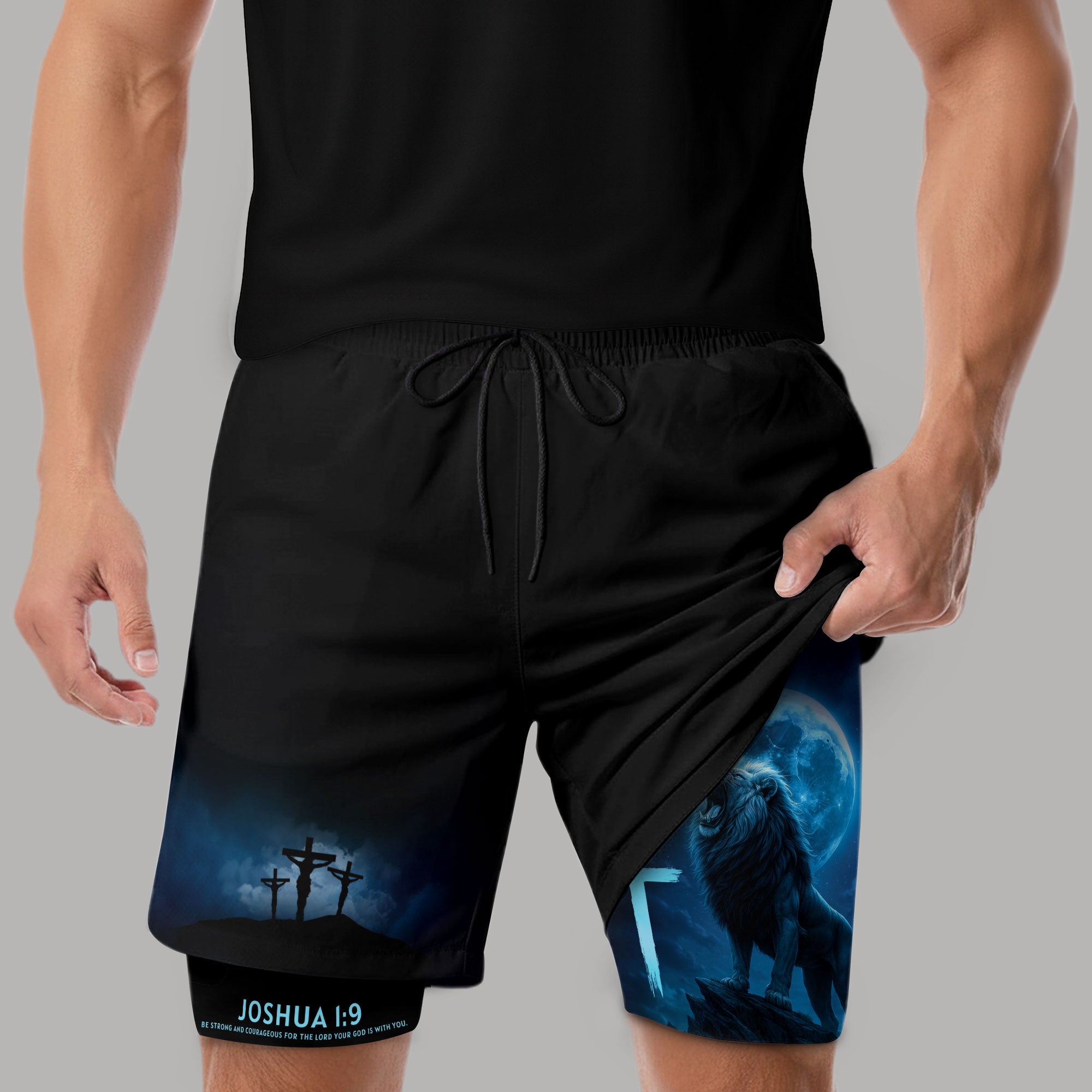 Joshua 1:9 Christian Gym Workout Shorts Men Lion Cross Bible Verse Blue