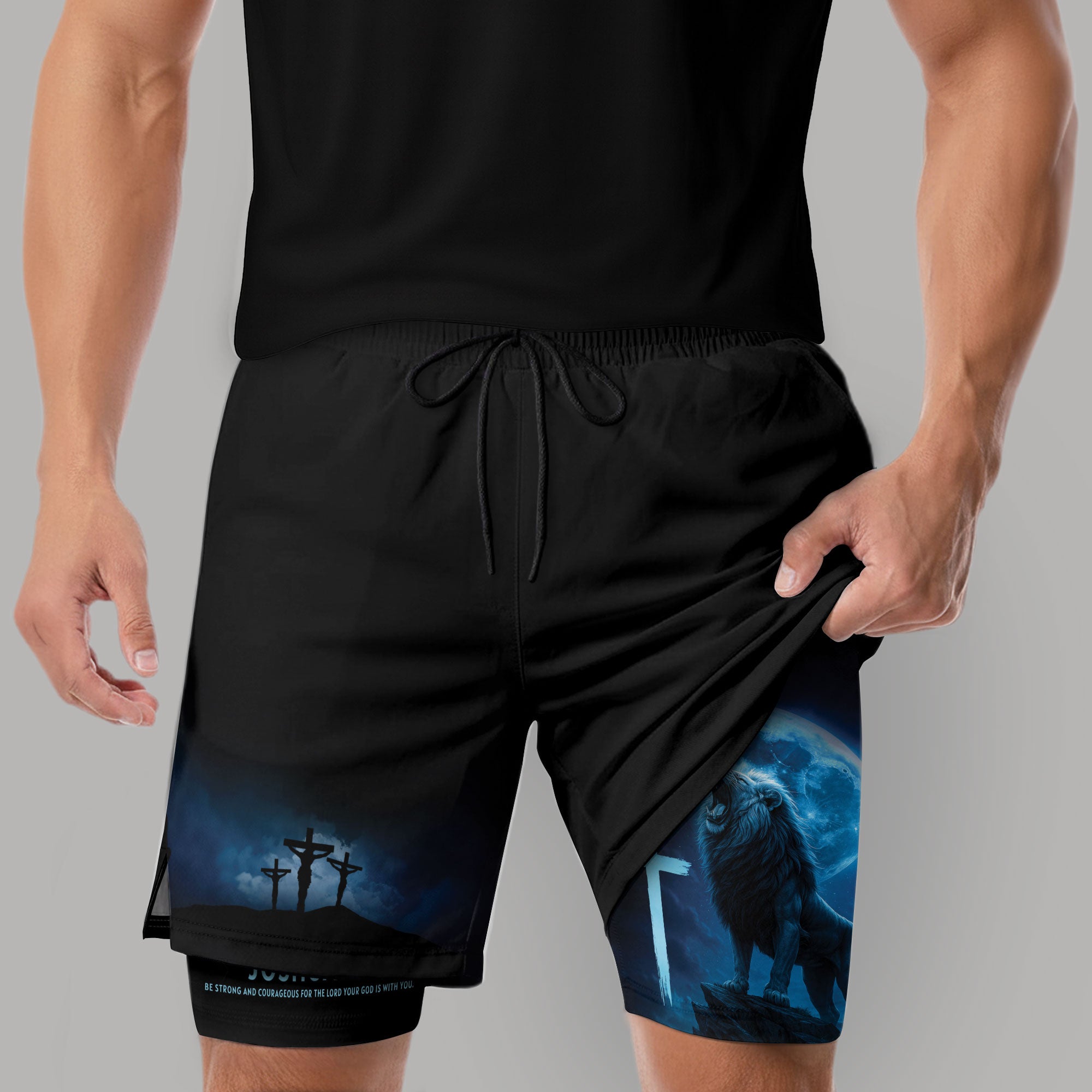 Joshua 1:9 Christian Gym Workout Shorts Men Lion Cross Bible Verse Blue - Rust Field Wear