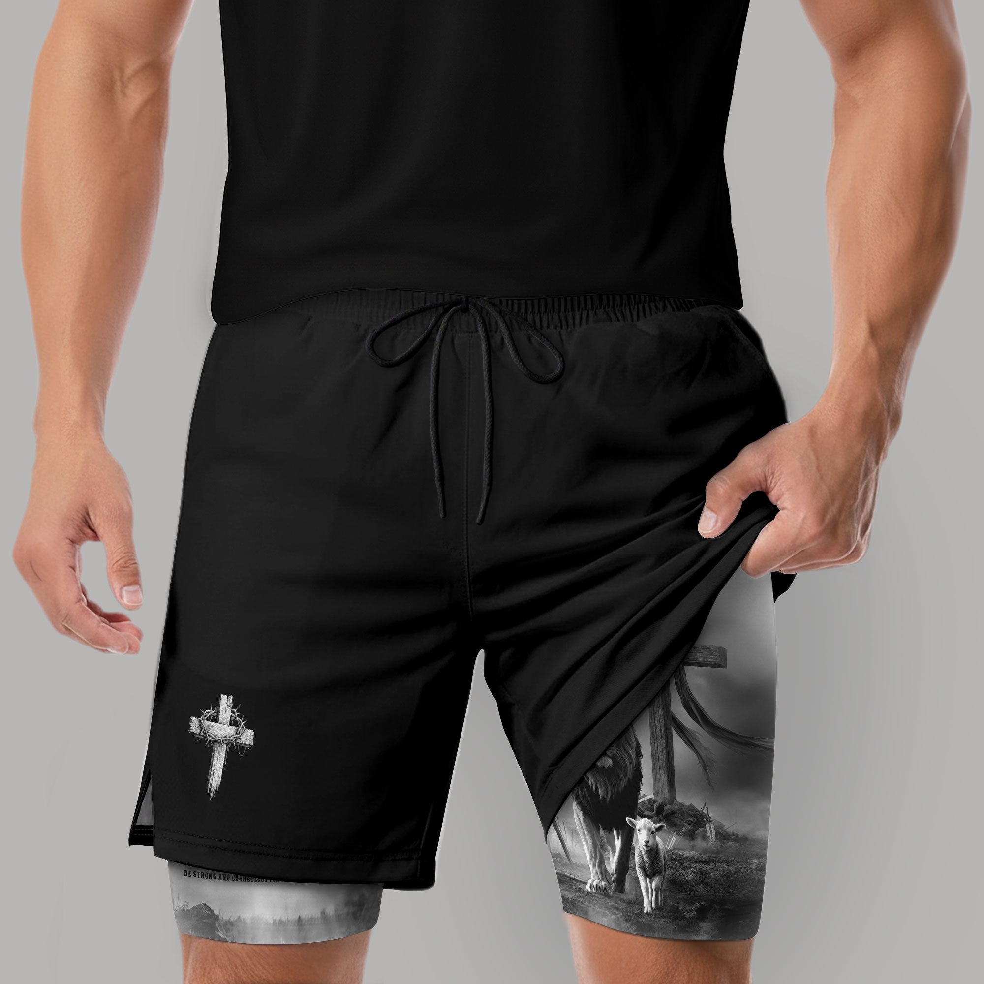 Joshua 1:9 Christian Gym Workout Shorts Men Lion and Lamb Cross Bible Verse - Rust Field Wear