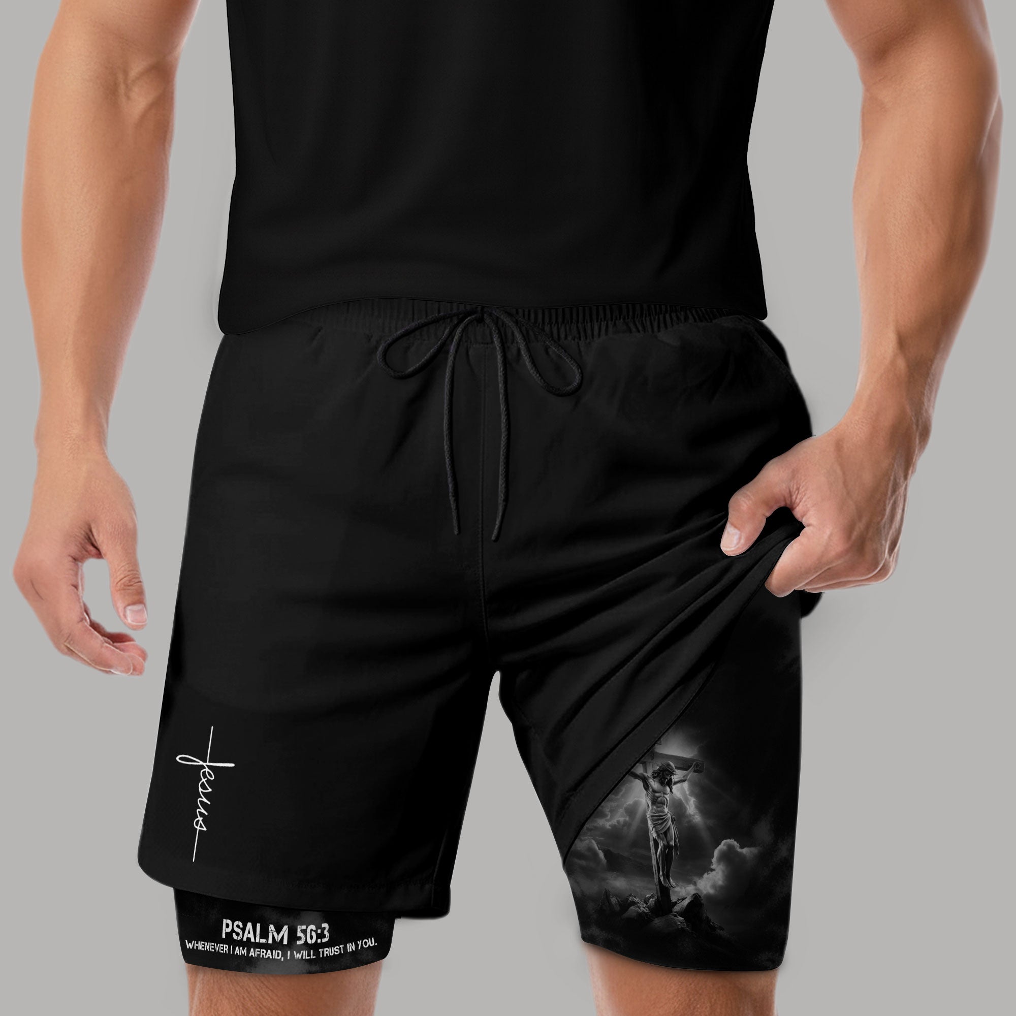 Psalm 56:3 Christian Gym Workout Shorts Men Jesus Cross Bible Verse Religious