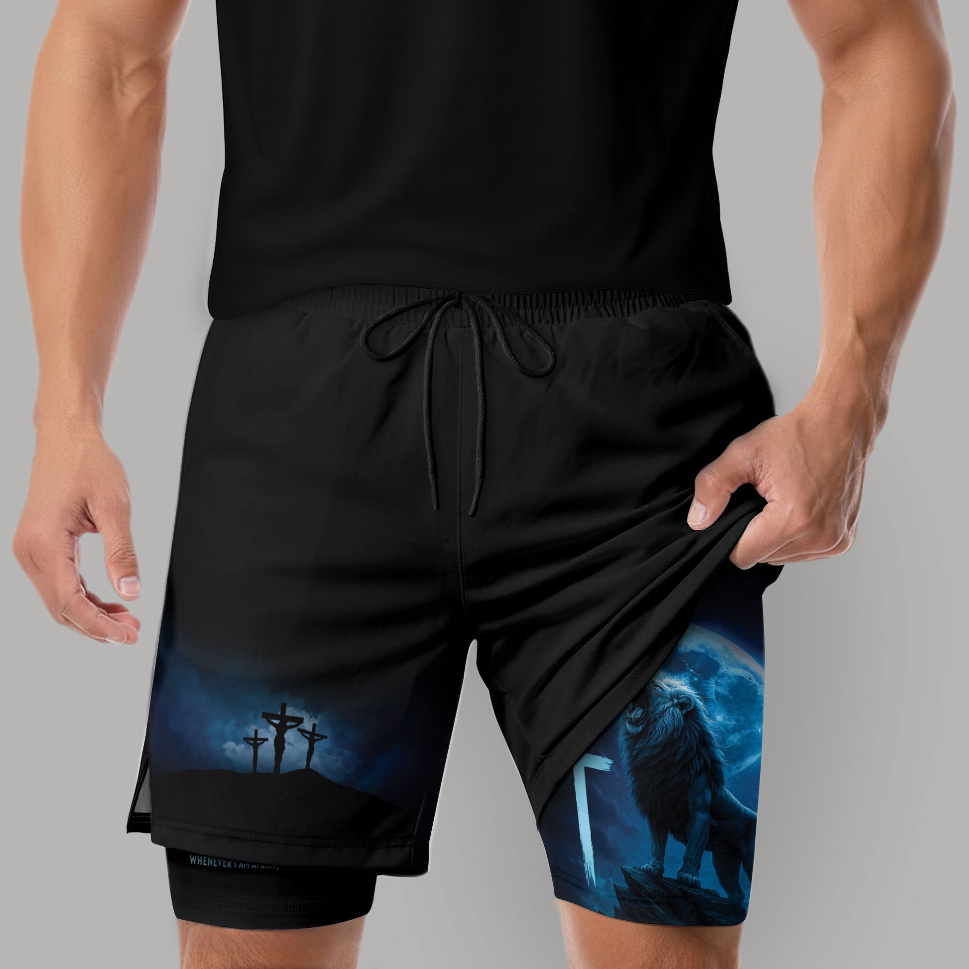 Psalm 56:3 Christian Gym Workout Shorts Men Lion Cross Bible Verse Blue - Rust Field Wear