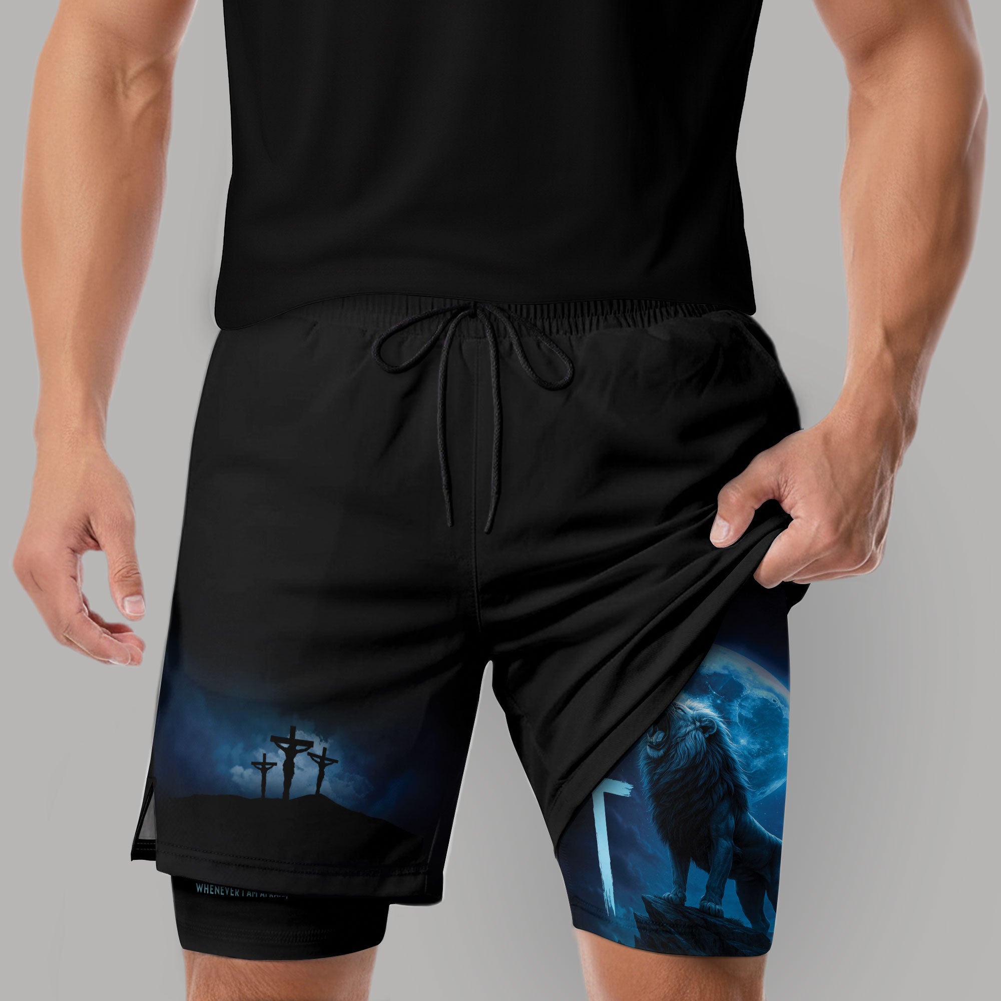 Psalm 56:3 Christian Gym Workout Shorts Men Lion Cross Bible Verse Blue - Rust Field Wear