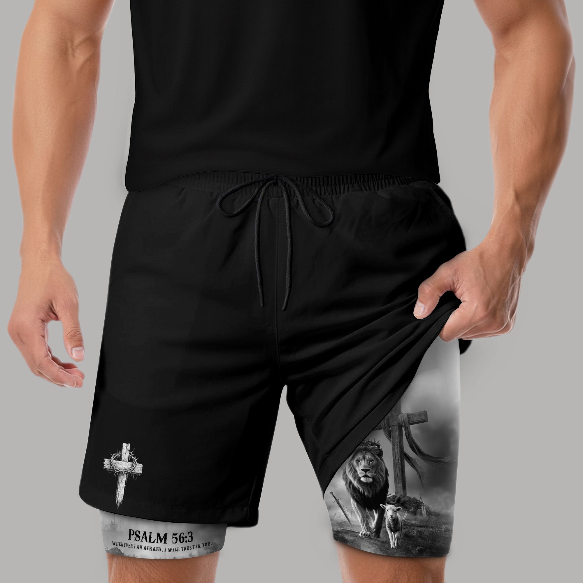 Psalm 56:3 Christian Gym Workout Shorts Men Lion and Lamb Cross Bible Verse